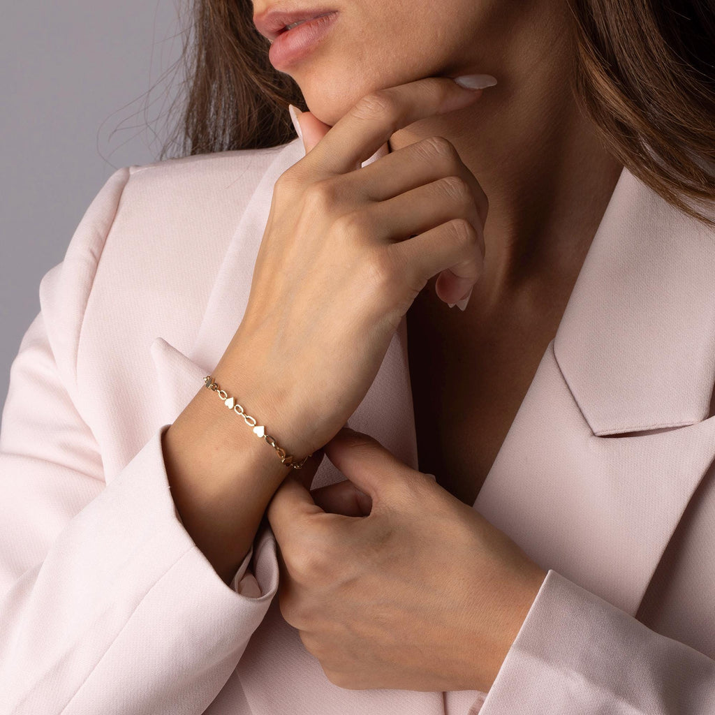 14K Solid Gold Heart Link Bracelet - Dainty Real Gold Jewelry with Small Hearts