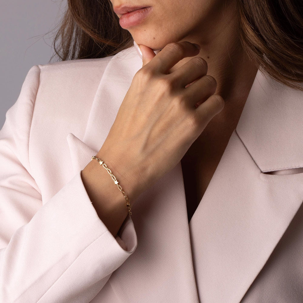 14K Solid Gold Star Link Bracelet - Real Gold Dainty Chain