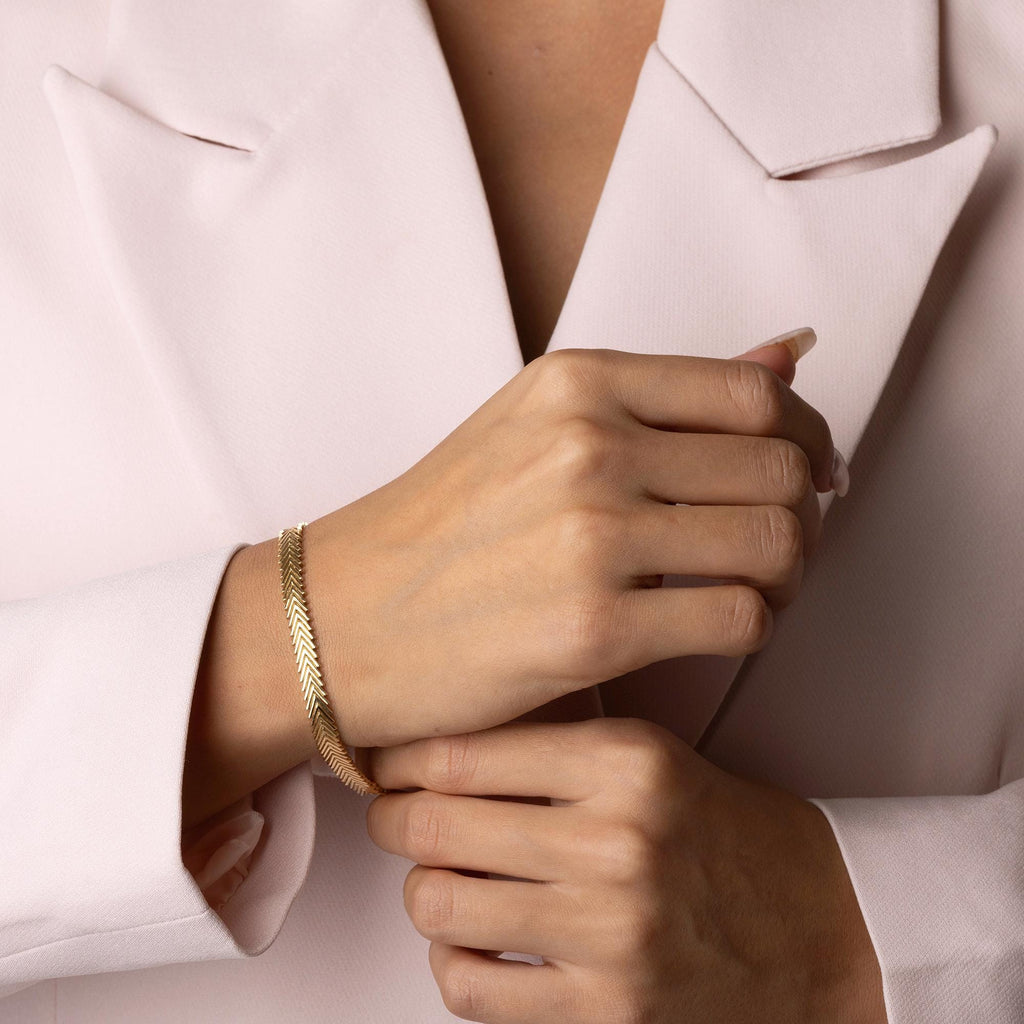 14K Solid Gold Herringbone Bracelet - Elegant Minimalist Jewelry