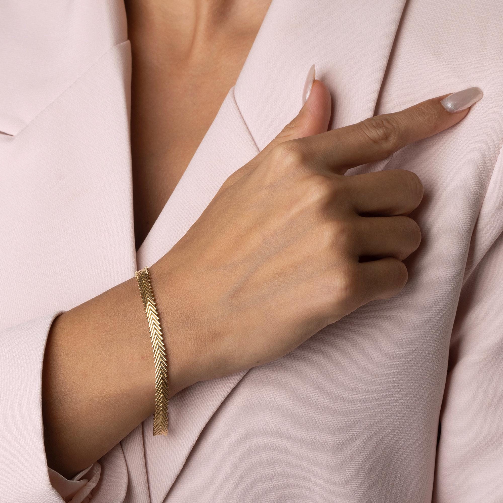 14K Solid Gold Herringbone Bracelet - Elegant Minimalist Jewelry