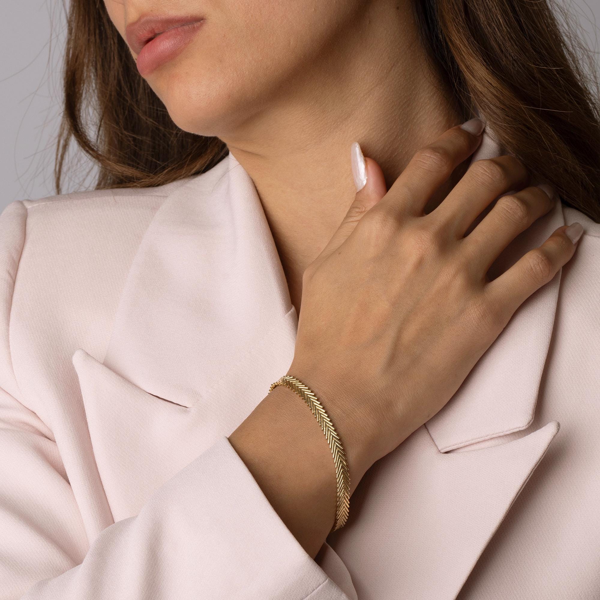 14K Solid Gold Herringbone Bracelet - Elegant Minimalist Jewelry