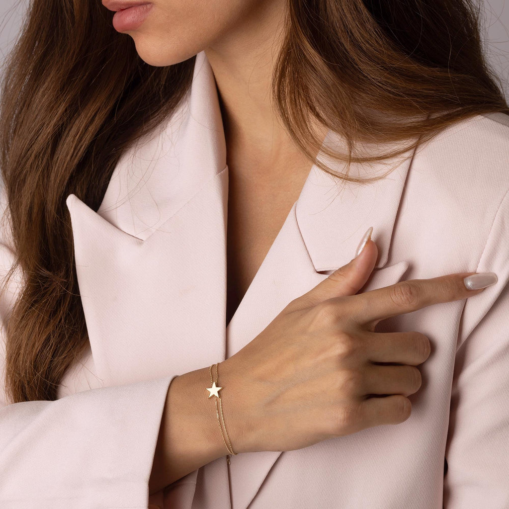 14K Solid Gold Star Bracelet - Elegant Double Chain Bracelet