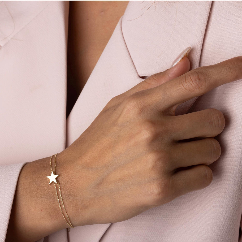 14K Solid Gold Star Bracelet - Elegant Double Chain Bracelet