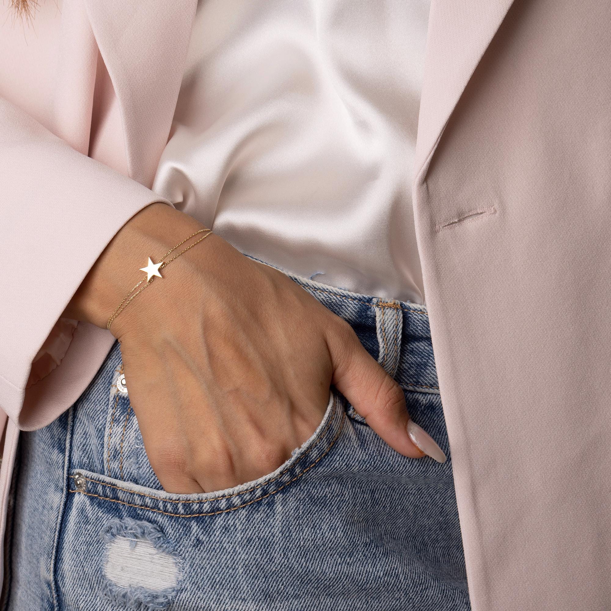 14K Solid Gold Star Bracelet - Elegant Double Chain Bracelet