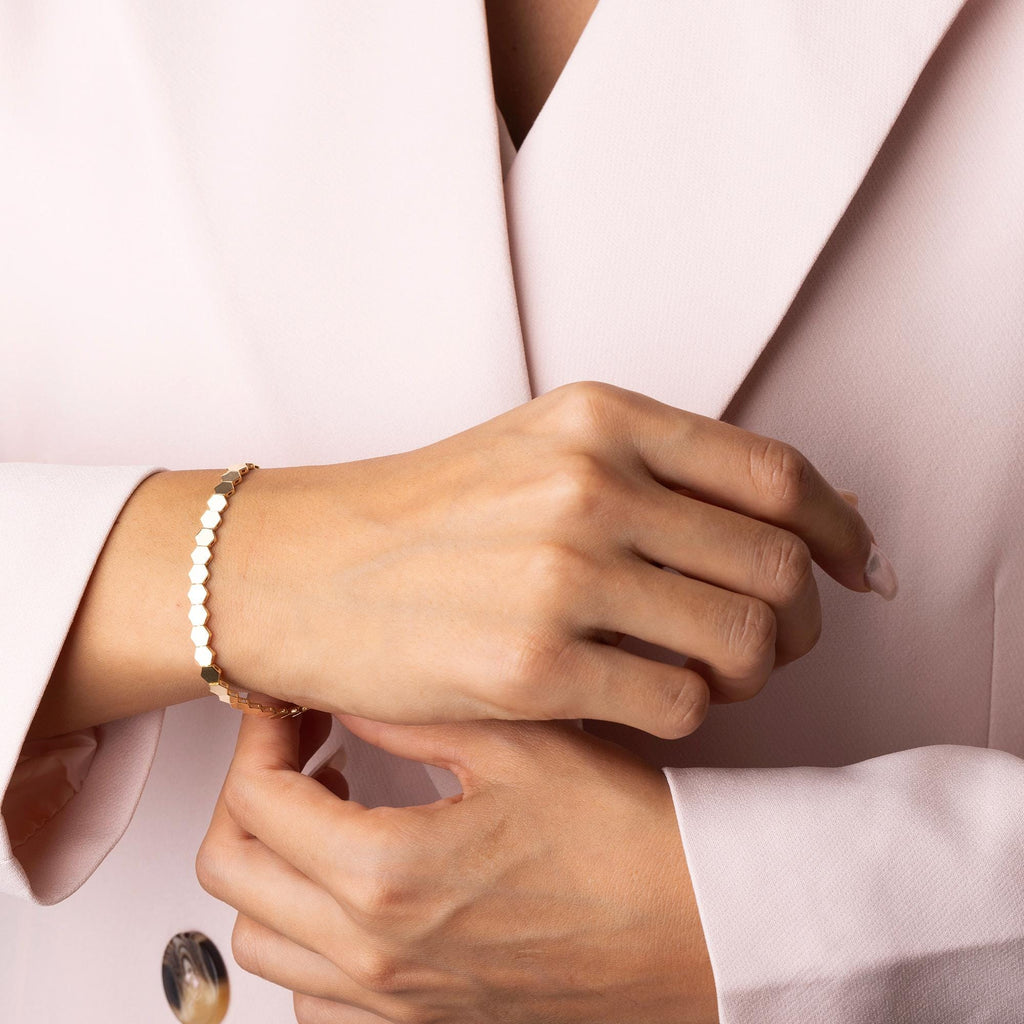 14K Solid Gold Hexagon Bracelet - Real Gold Geometric Chain Jewelry