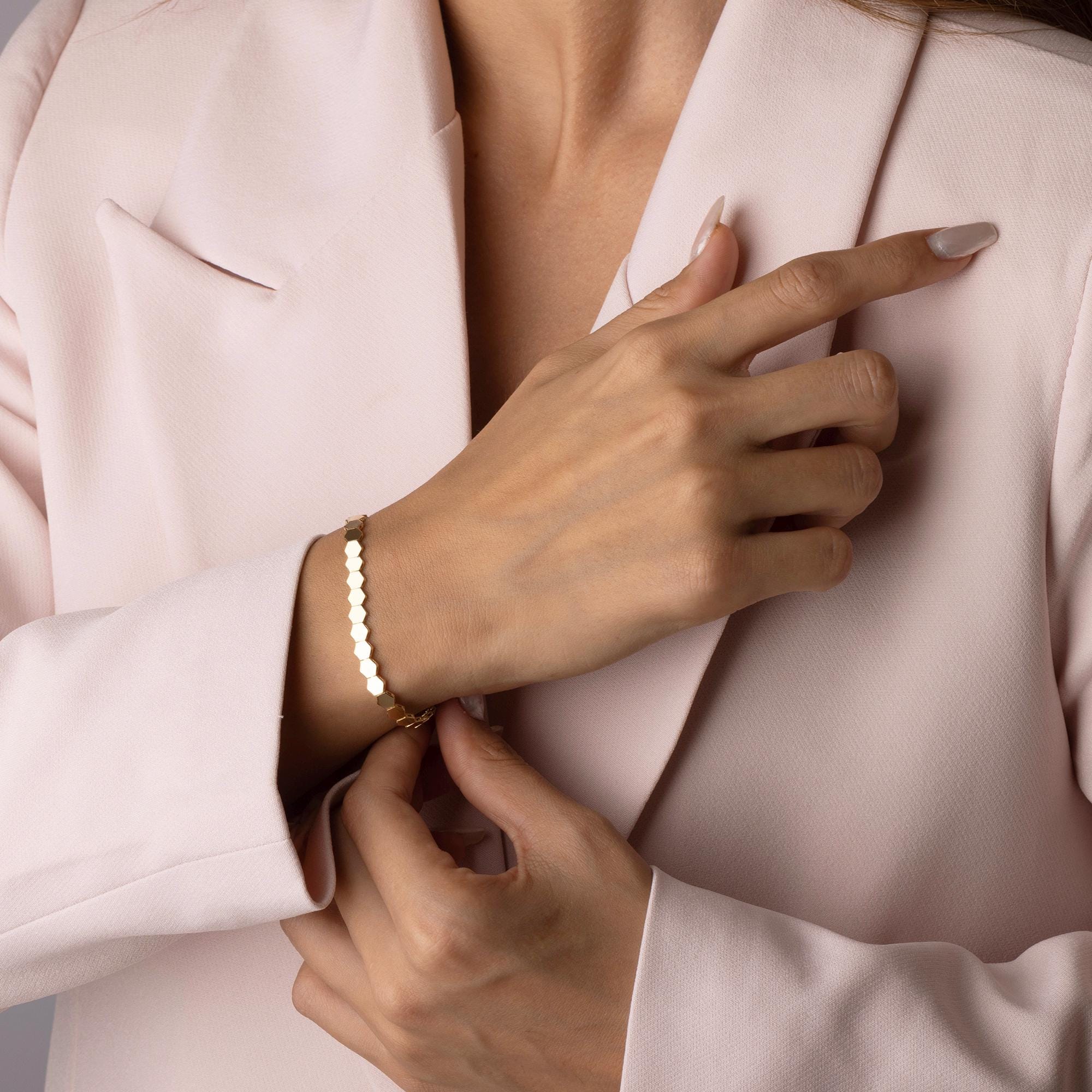 14K Solid Gold Hexagon Bracelet - Real Gold Geometric Chain Jewelry