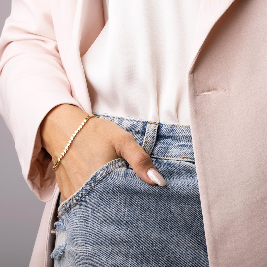 14K Solid Gold Star Link Bracelet for Women - Real Gold Dainty Chain Jewelry