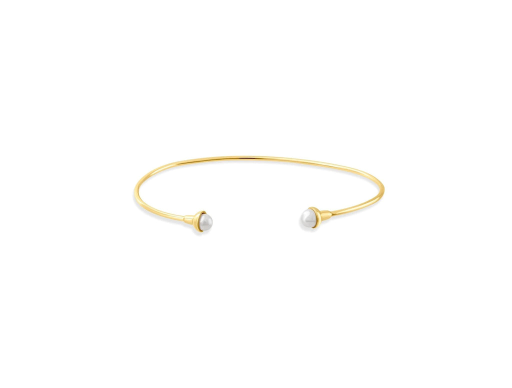 14K Solid Gold Pearl Bracelet - Open Cuff Gold Bangle