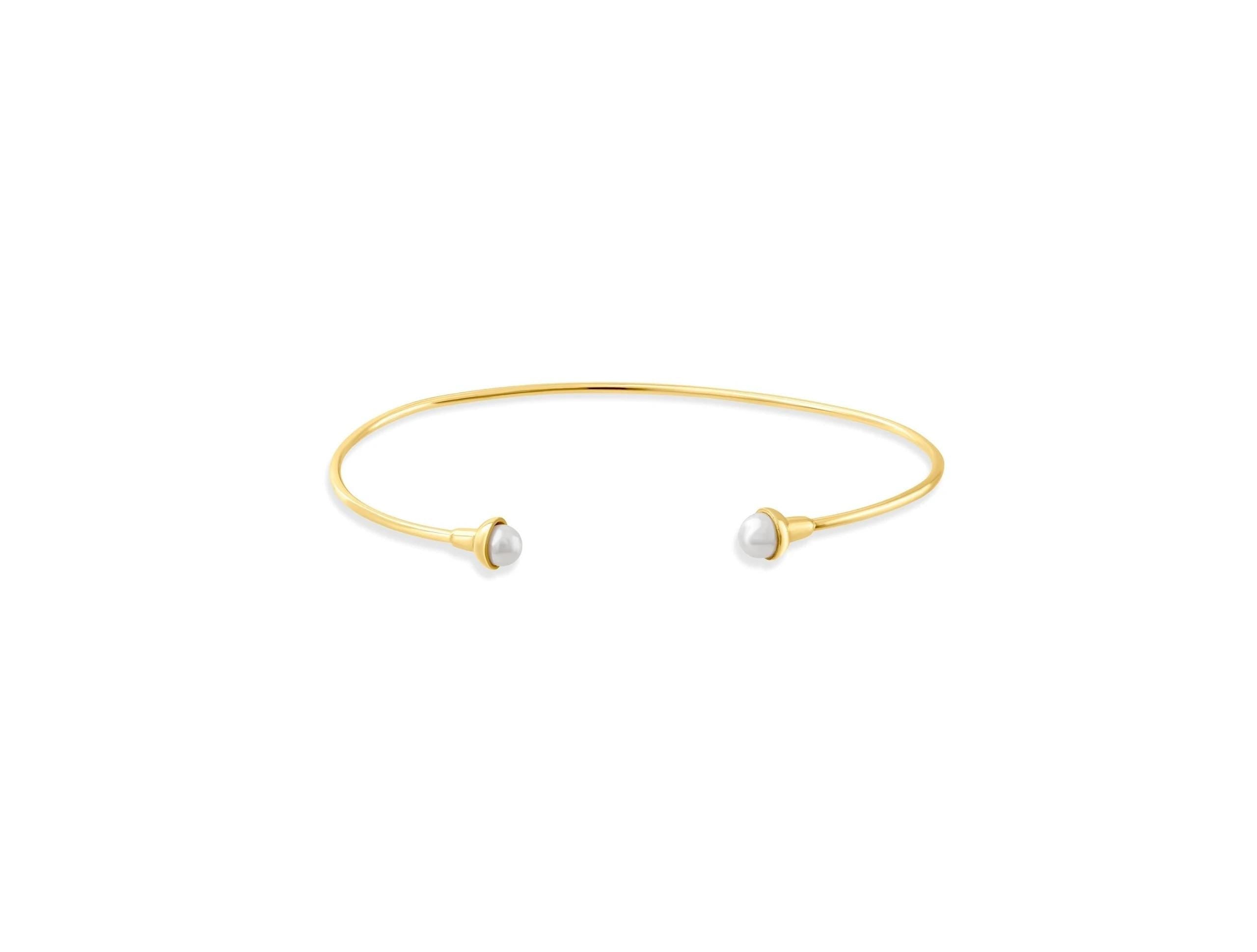 14K Solid Gold Pearl Bracelet - Open Cuff Gold Bangle