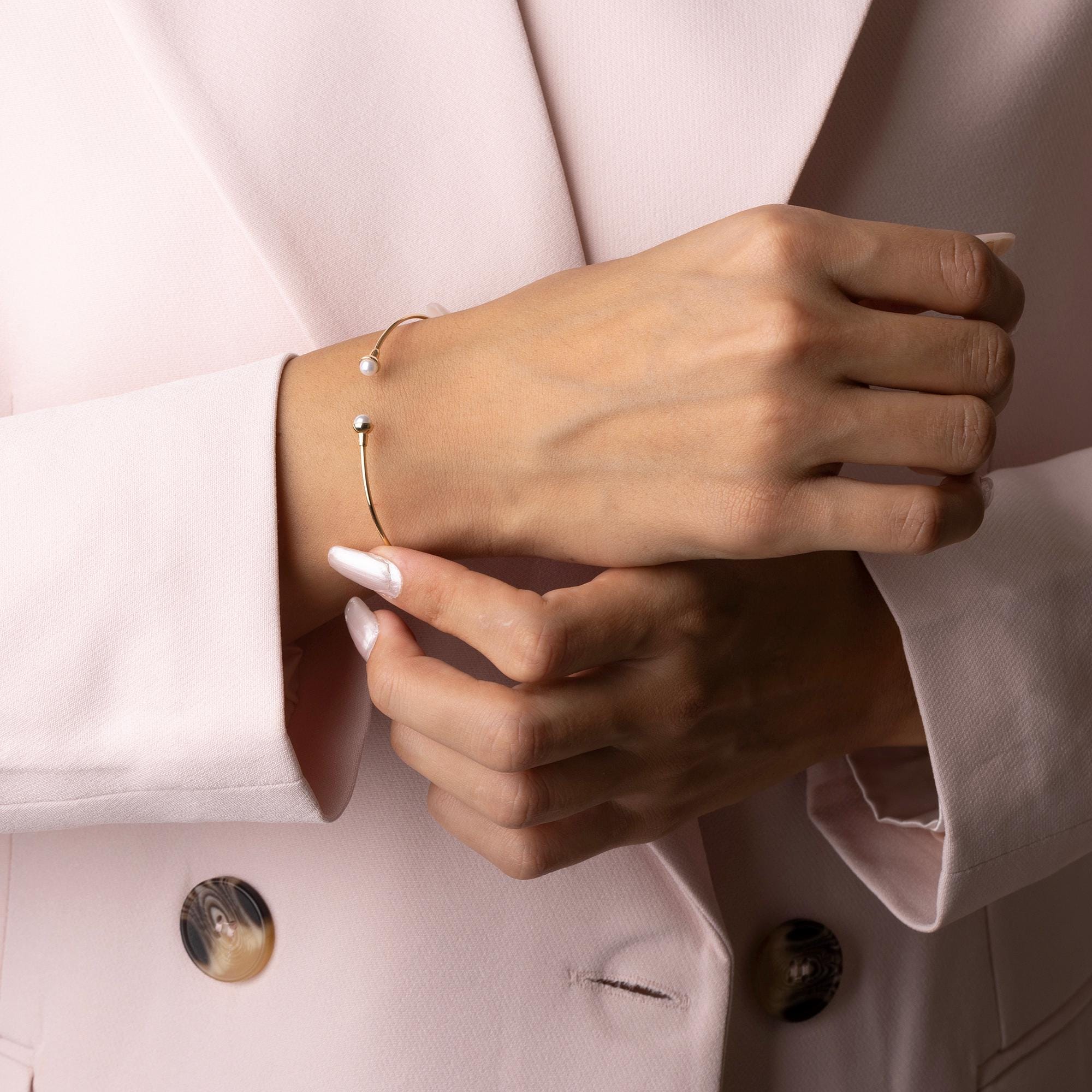14K Solid Gold Pearl Bracelet - Open Cuff Gold Bangle