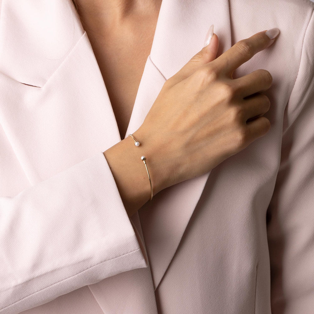 14K Solid Gold Pearl Bracelet - Open Cuff Gold Bangle