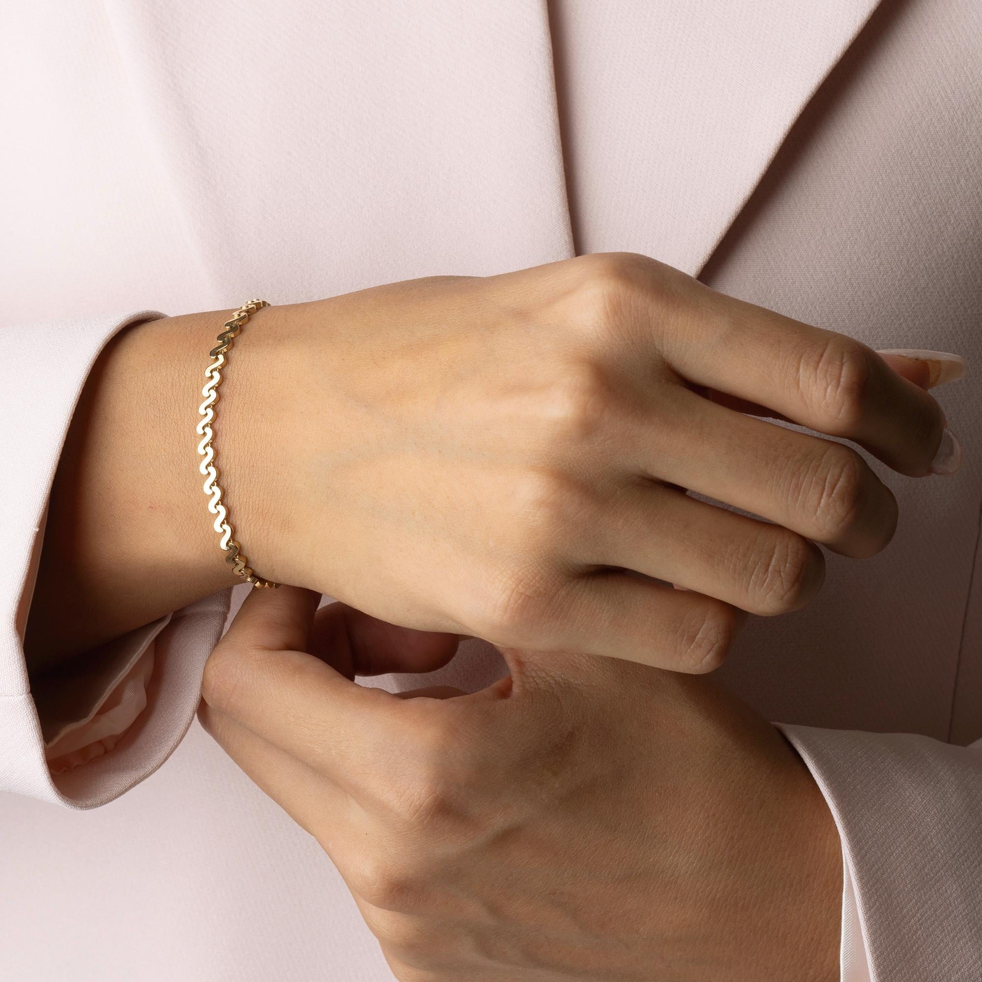 14K Solid Gold Wavy Bracelet - Minimalist Gold Chain Jewelry
