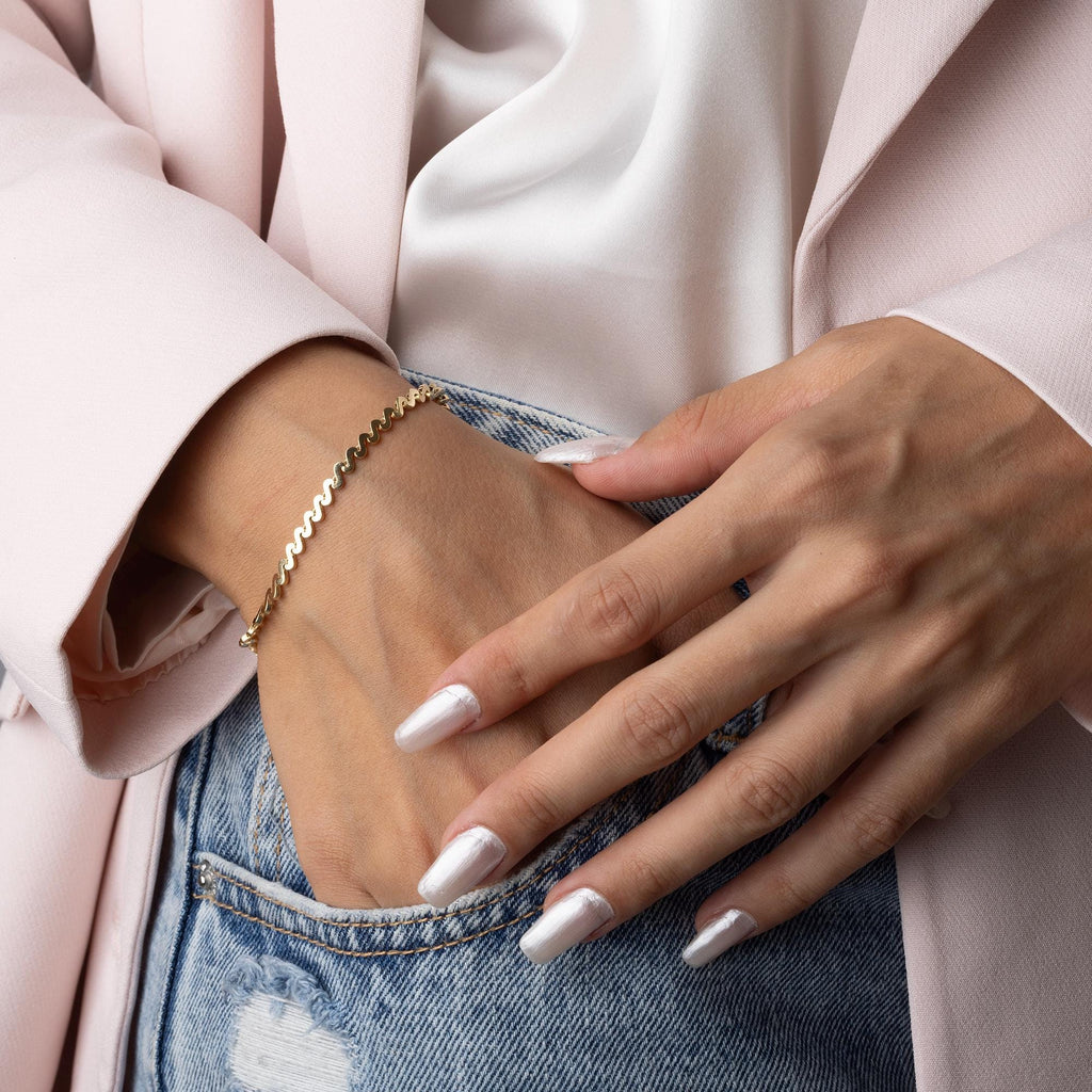 14K Solid Gold Wavy Bracelet - Minimalist Gold Chain Jewelry