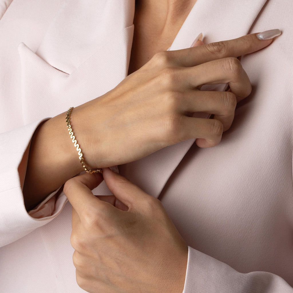 14K Solid Gold Wavy Bracelet - Minimalist Gold Chain Jewelry
