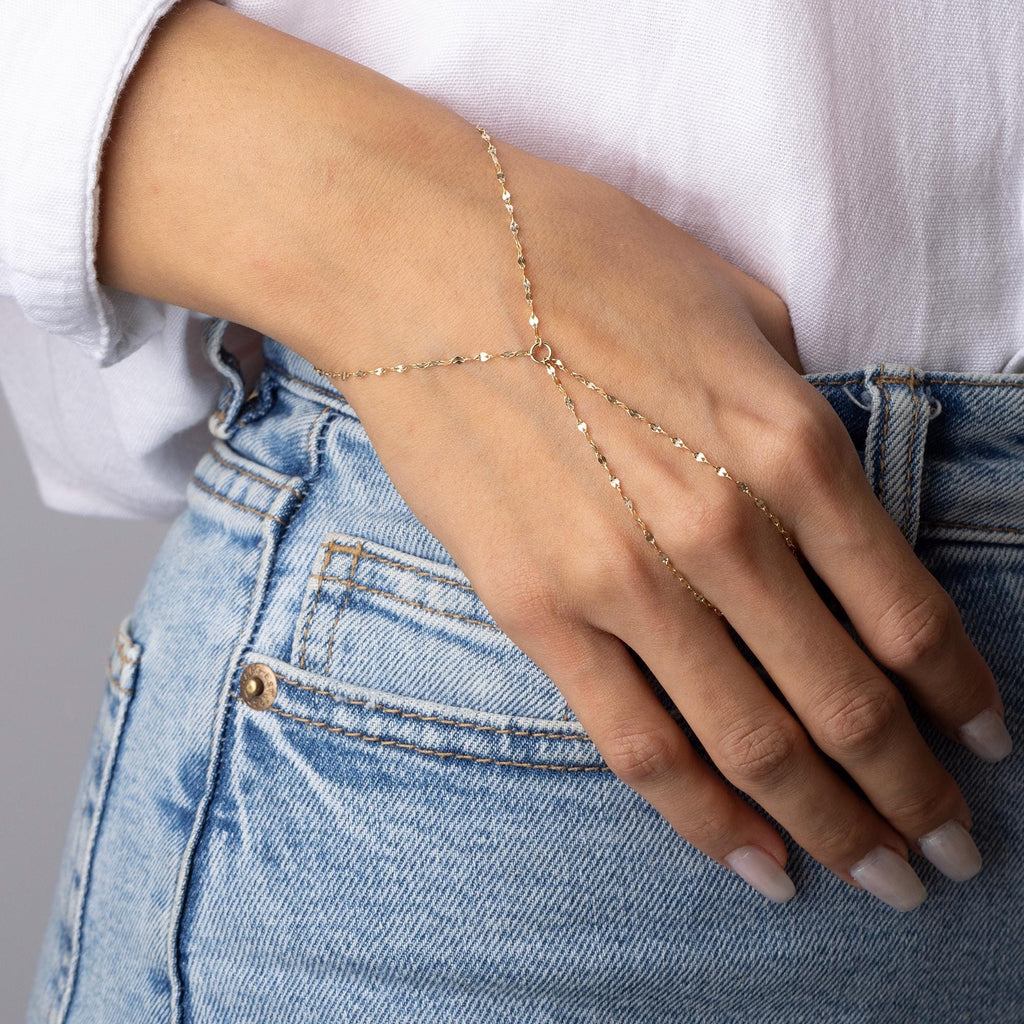 14K Solid Gold Hand Chain Bracelet, Dainty Slave Bracelet, Real Gold Jewelry for Women, Minimalist Fine Gold Gift