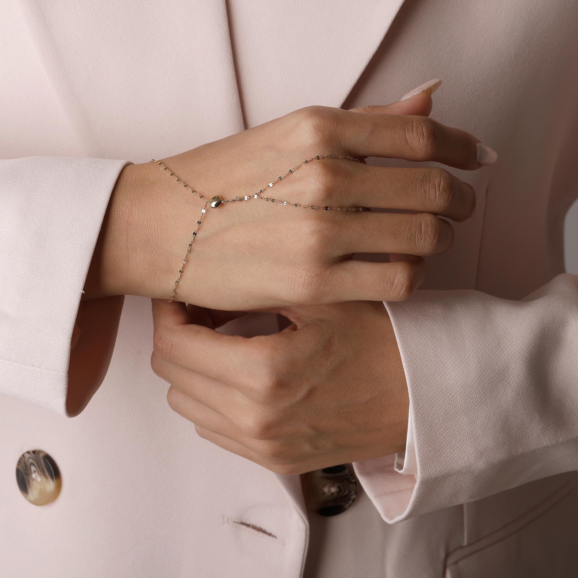 14K Solid Gold Heart Hand Chain Bracelet, Dainty Gold Slave Bracelet, Real Gold Jewelry for Women, Fine Gold Gift