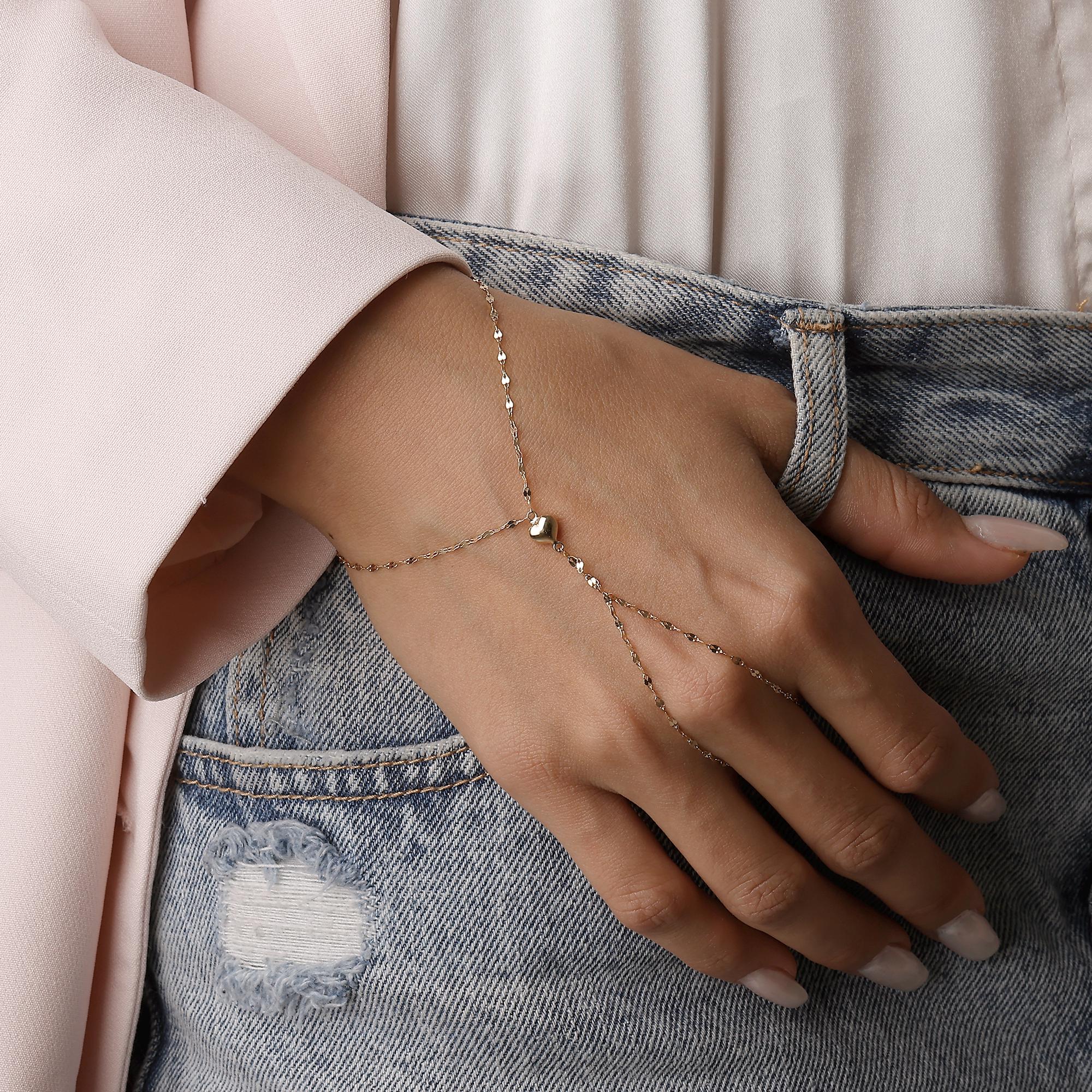 14K Solid Gold Heart Hand Chain Bracelet, Dainty Gold Slave Bracelet, Real Gold Jewelry for Women, Fine Gold Gift