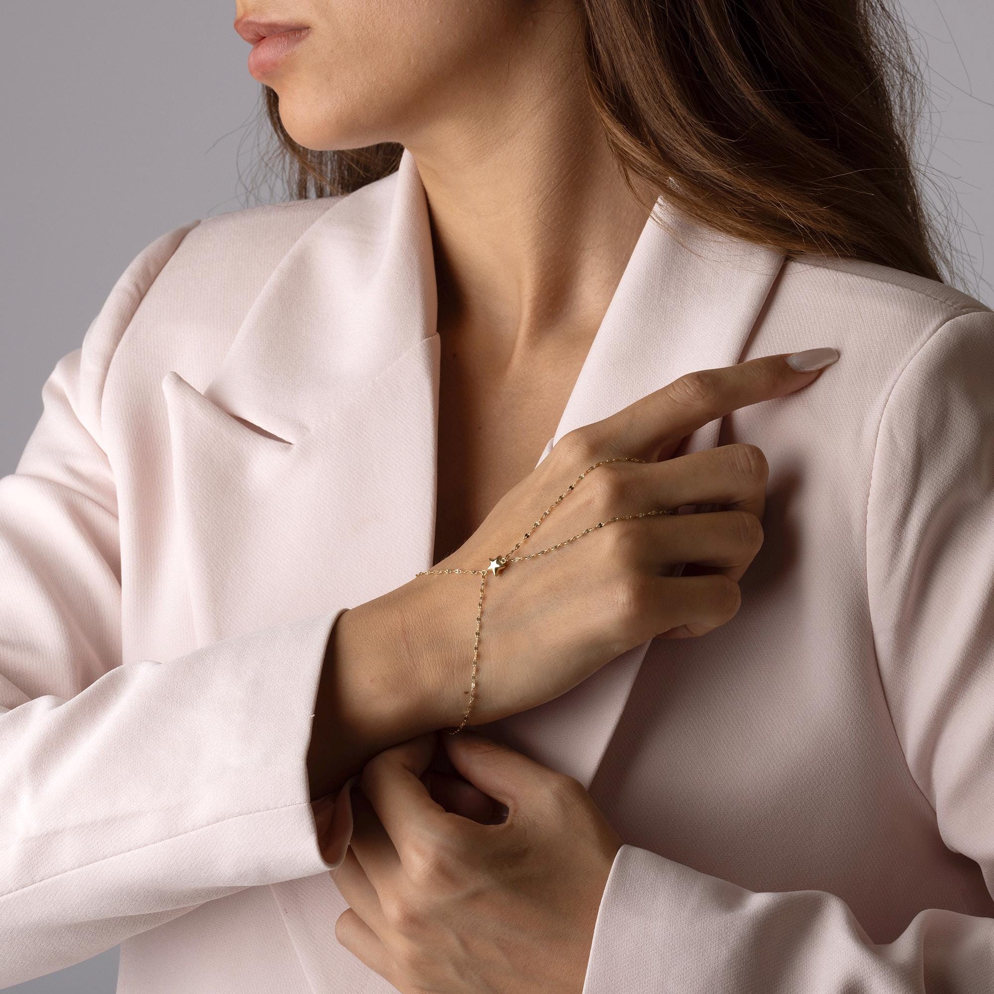 14K Solid Gold Hand Chain with Heart Charm - Dainty Gold Slave Bracelet