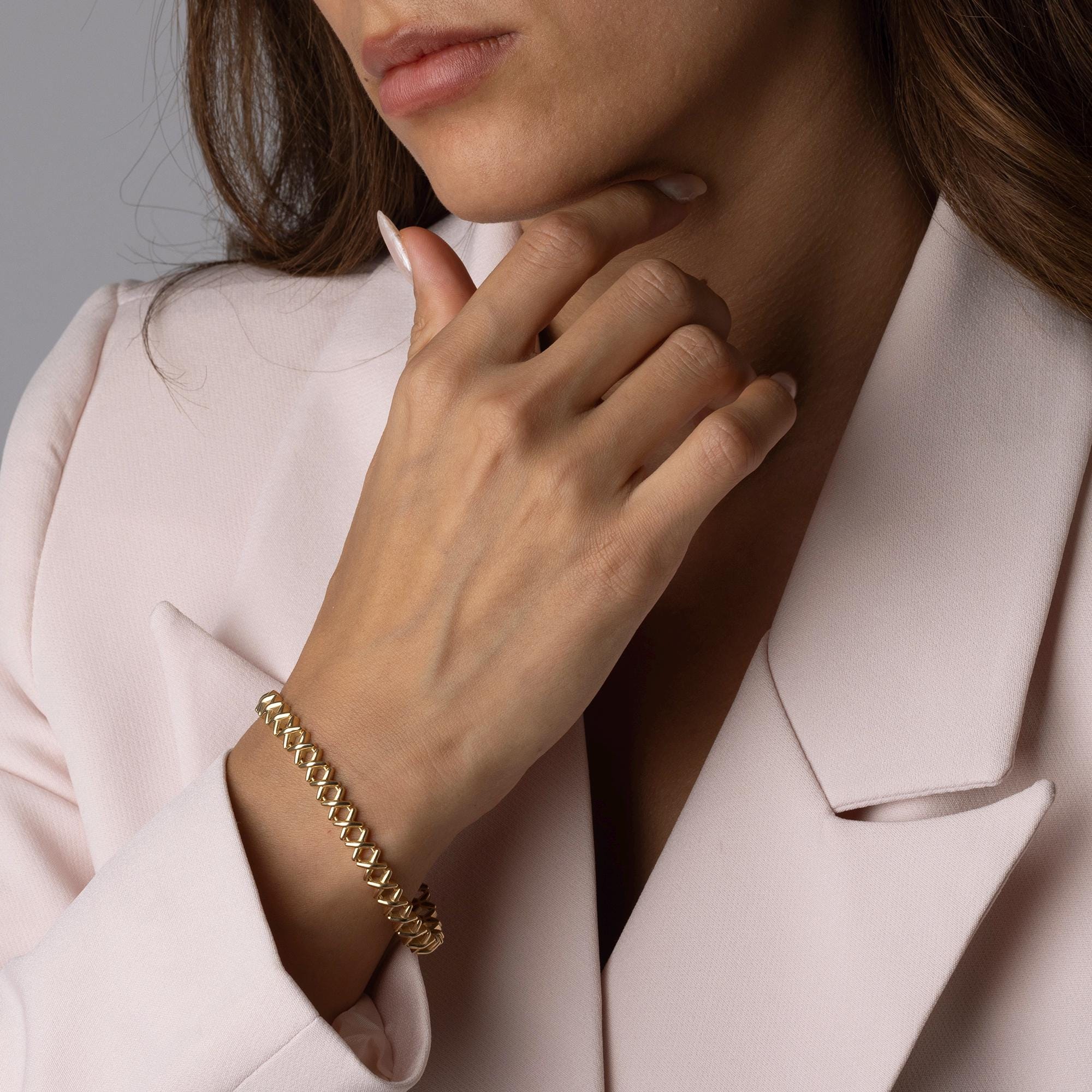 14K Solid Gold Geometric Link Bracelet – Elegant Chunky Chain Bracelet