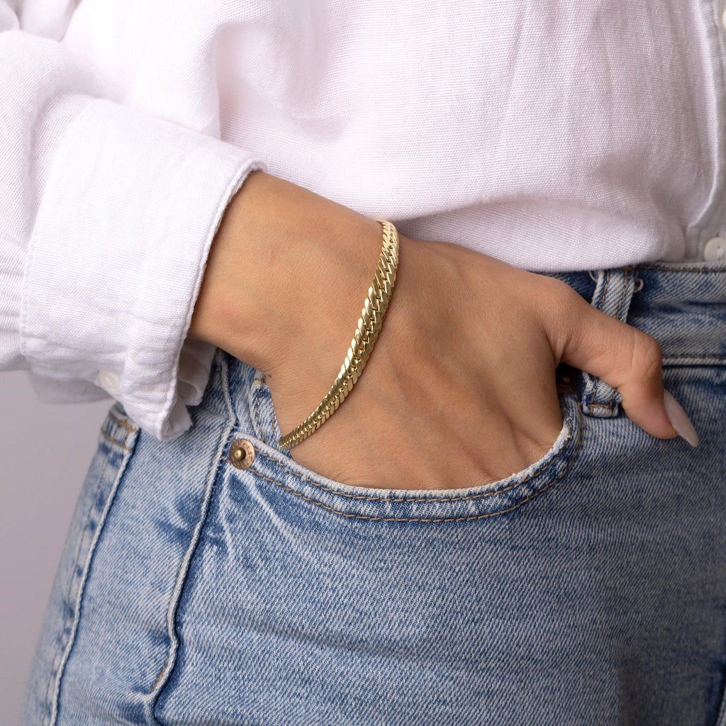 14K Solid Gold Snake Chain Bracelet – Elegant Flat Gold Bracelet
