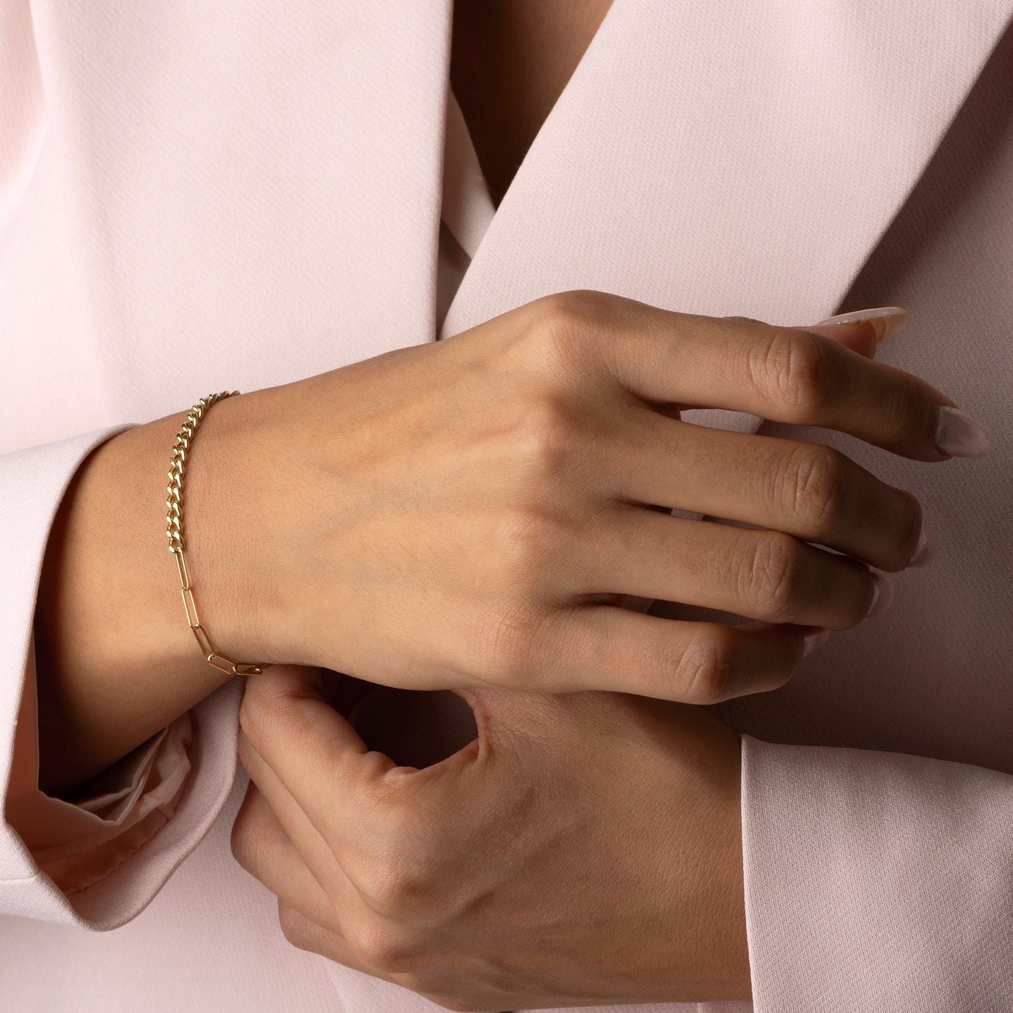 14K Solid Gold Chain Bracelet - Real Gold Modern Link Bracelet