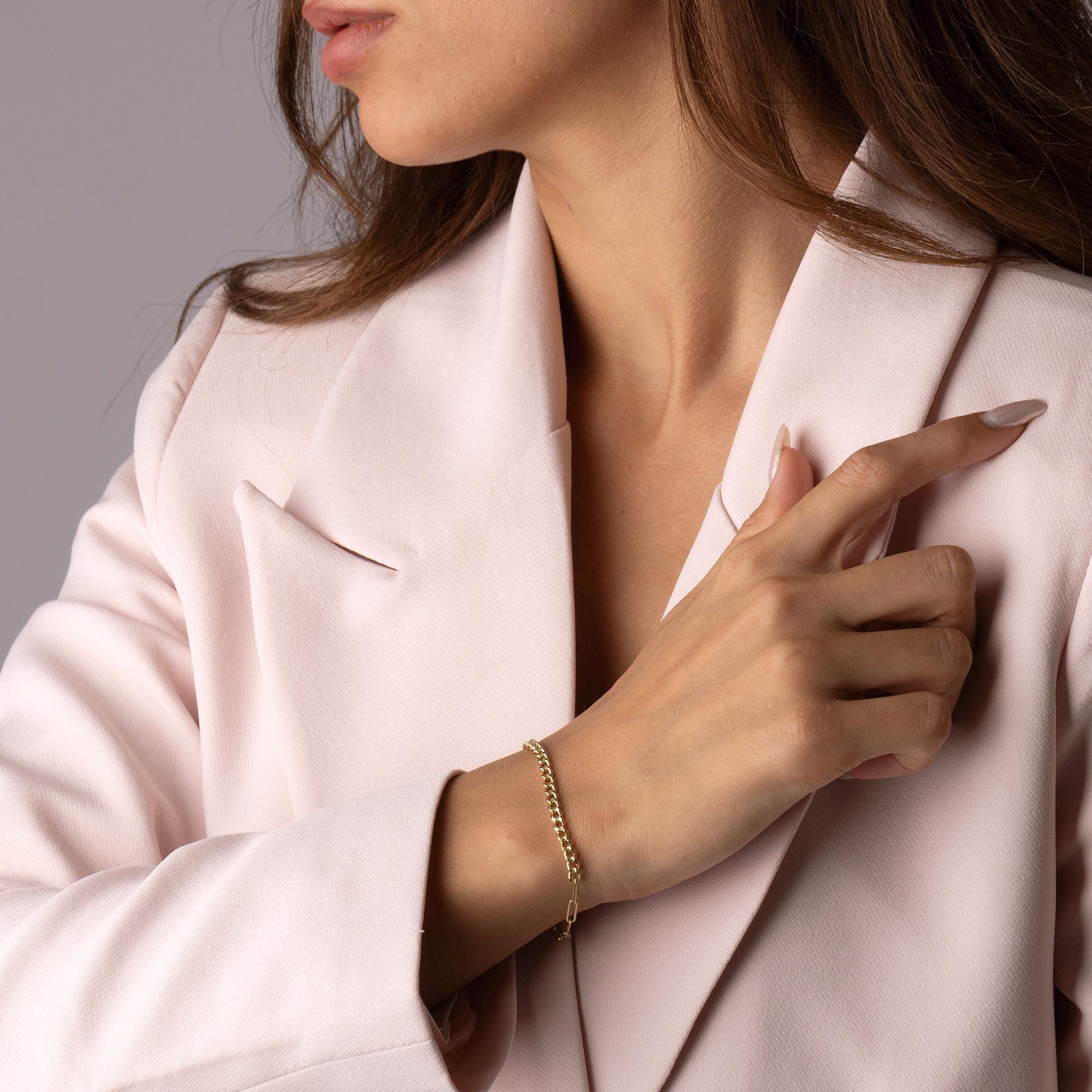 14K Solid Gold Chain Bracelet - Real Gold Modern Link Bracelet