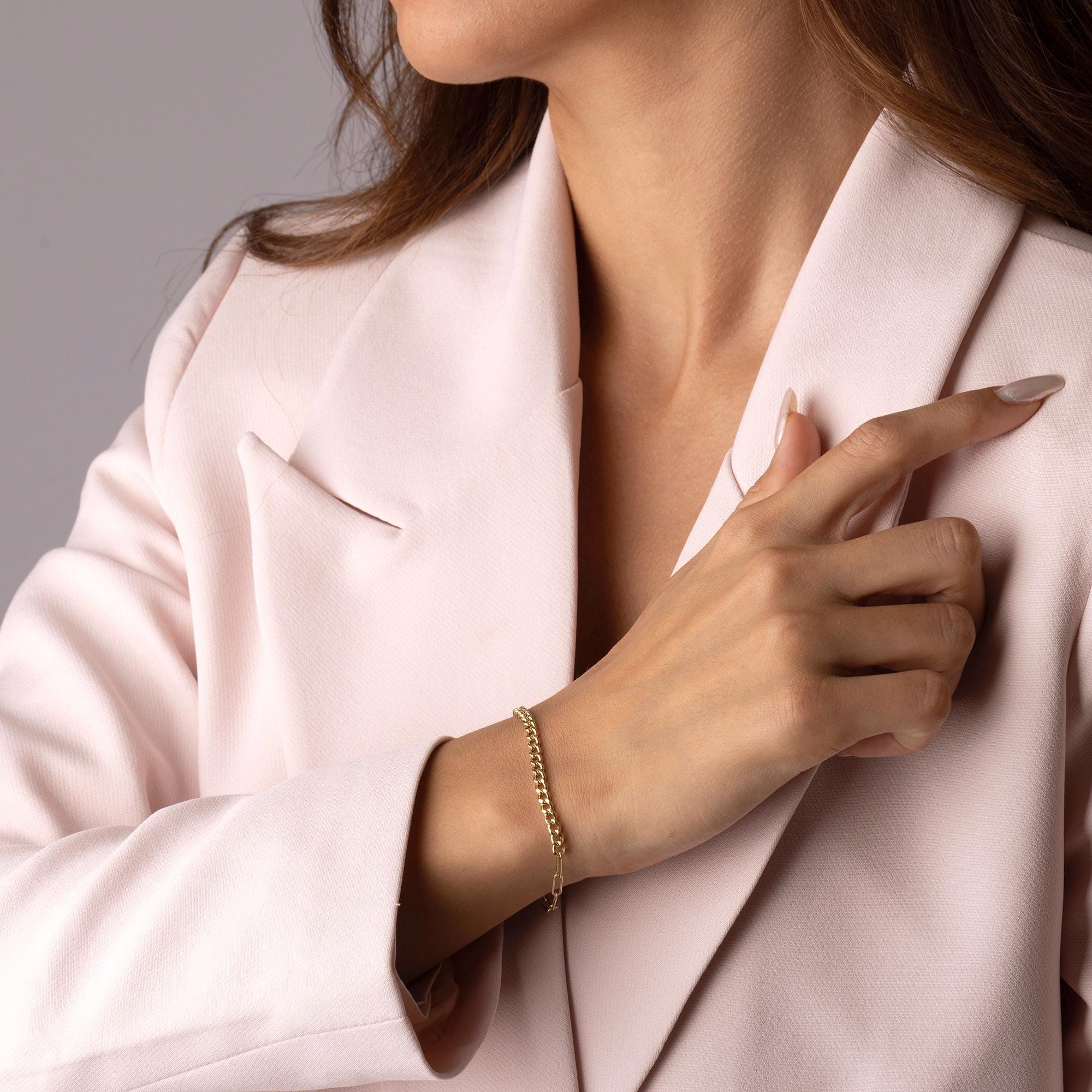 14K Solid Gold Chain Bracelet - Real Gold Modern Link Bracelet