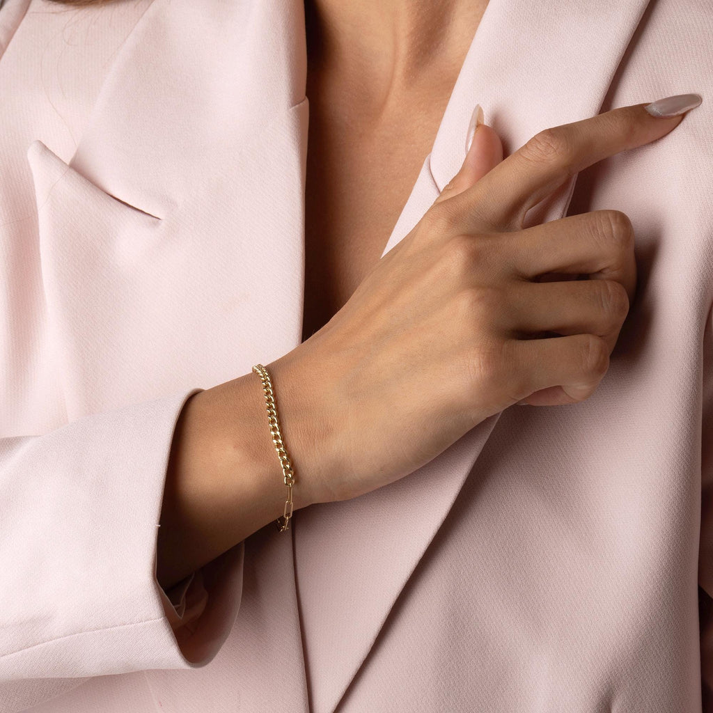 14K Solid Gold Chain Bracelet - Real Gold Modern Link Bracelet