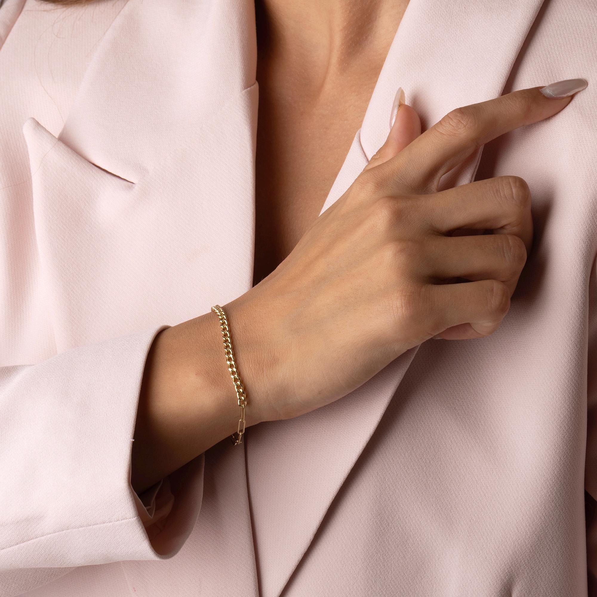 14K Solid Gold Chain Bracelet - Real Gold Modern Link Bracelet