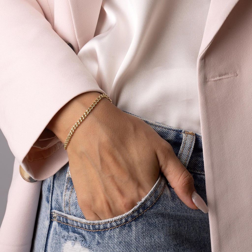 14K Solid Gold Chain Bracelet - Real Gold Modern Link Bracelet