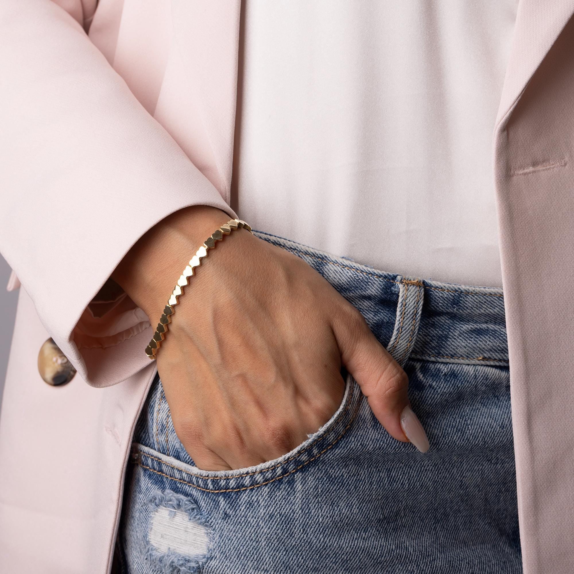 14K Solid Gold Heart Chain Bracelet – Dainty Real Gold Jewelry with Linked Hearts