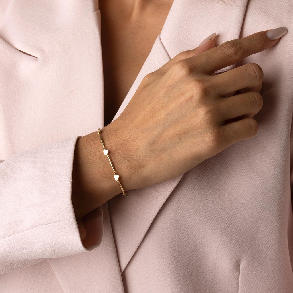 14K Solid Gold Heart Link Bracelet – Real Gold Dainty Chain Jewelry