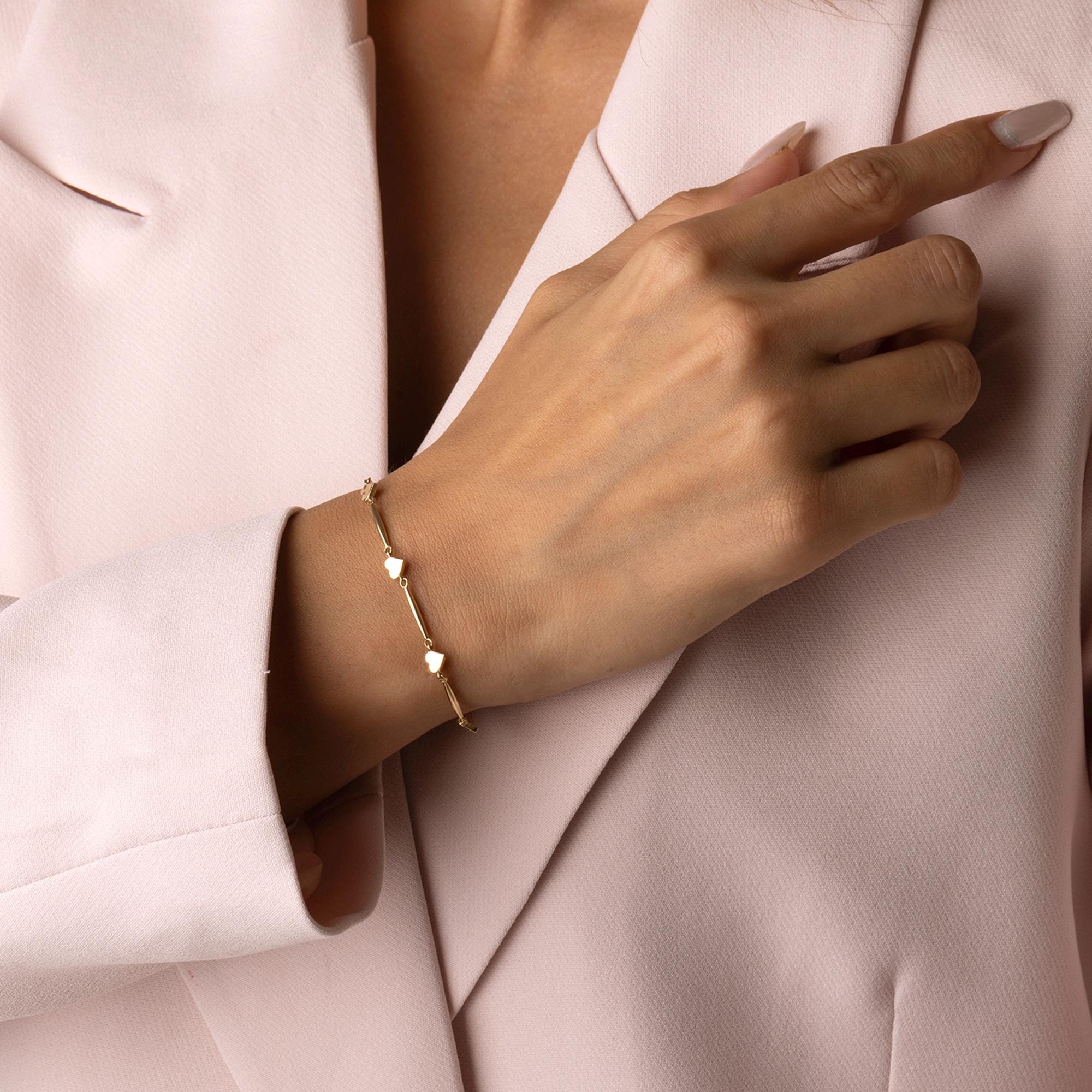 14K Solid Gold Heart Link Bracelet – Real Gold Dainty Chain Jewelry