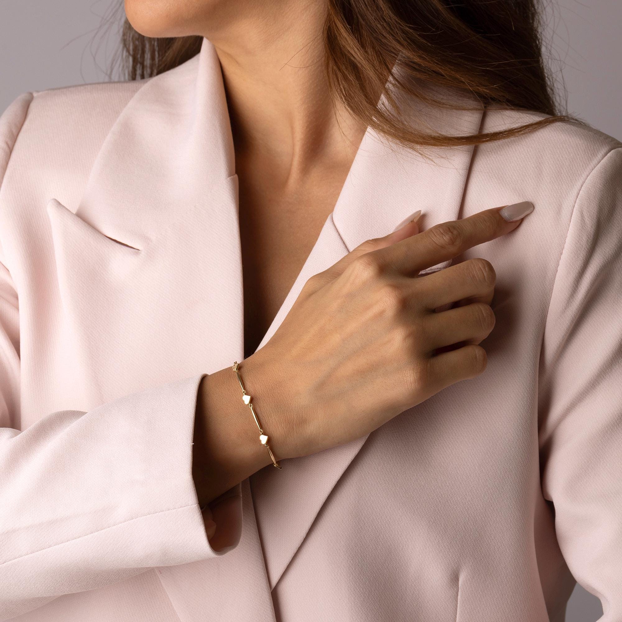 14K Solid Gold Heart Link Bracelet – Real Gold Dainty Chain Jewelry