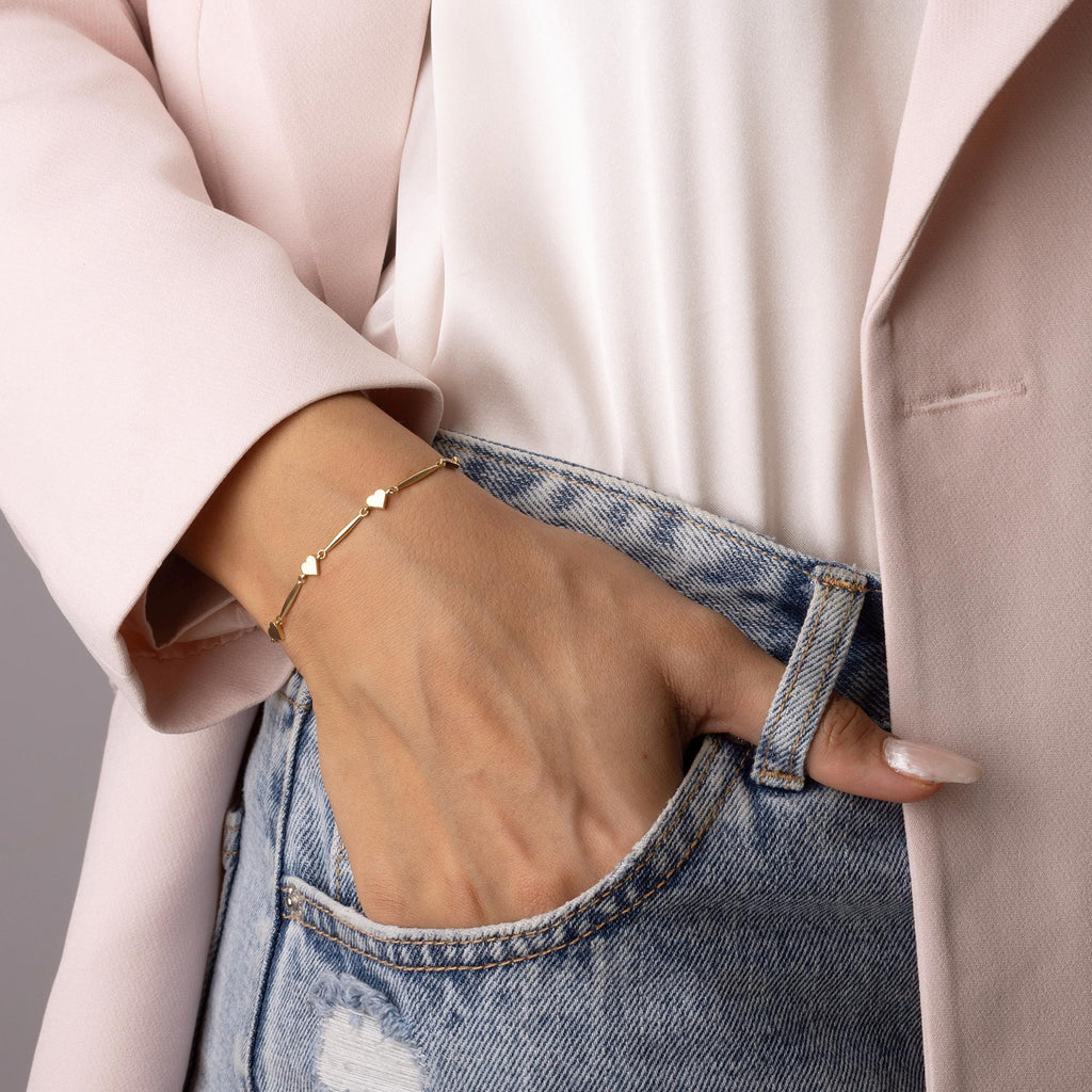 14K Solid Gold Heart Link Bracelet – Real Gold Dainty Chain Jewelry