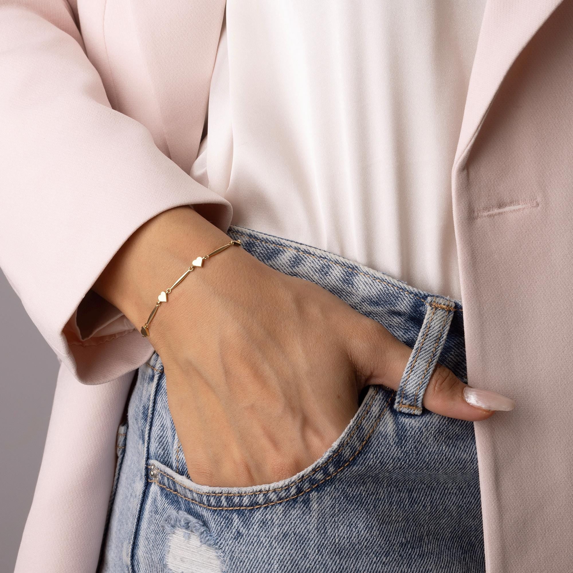 14K Solid Gold Heart Link Bracelet – Real Gold Dainty Chain Jewelry