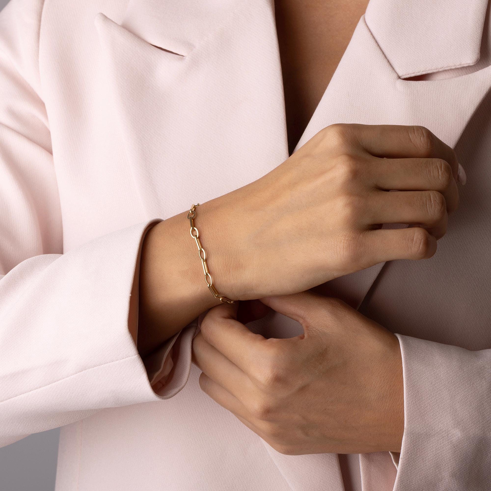 14K Solid Gold Chain Bracelet - Gold Paperclip Bracelet