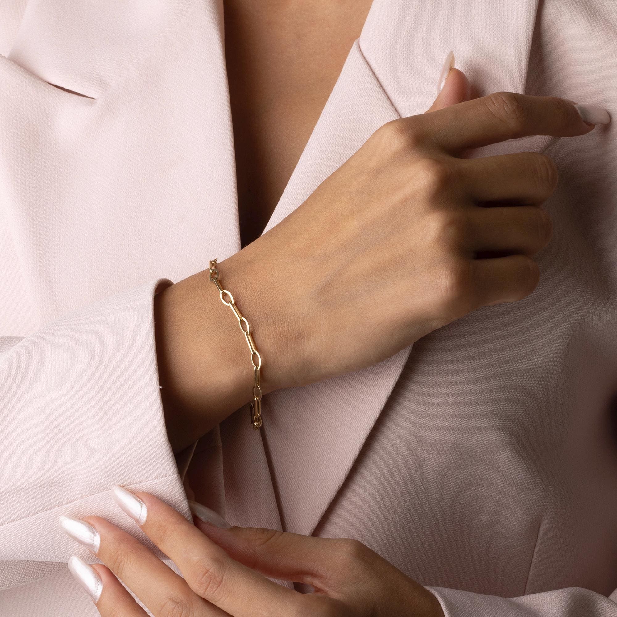 14K Solid Gold Chain Bracelet - Gold Paperclip Bracelet