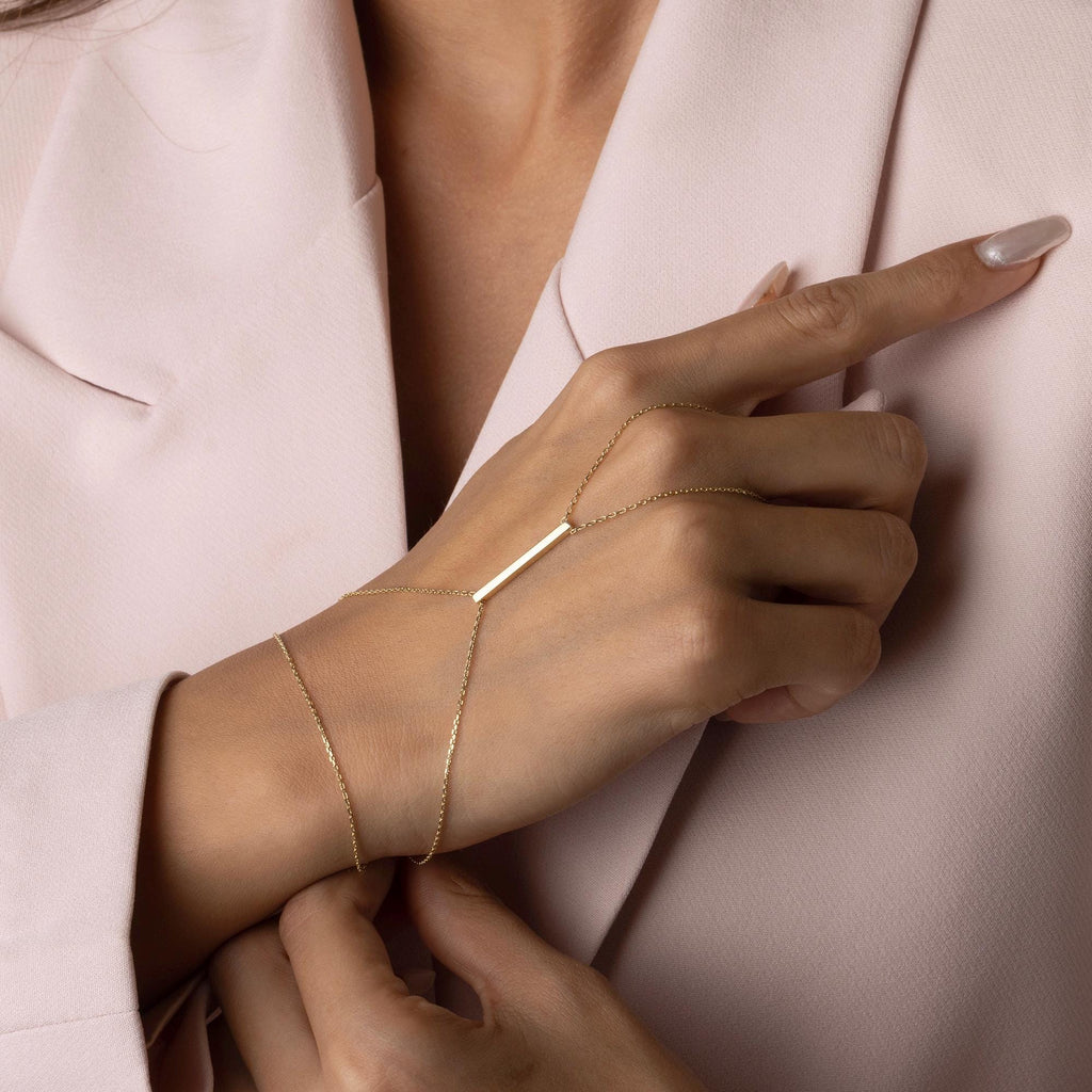 14K Solid Gold Hand Chain Bracelet - Real Gold Bar Bracelet