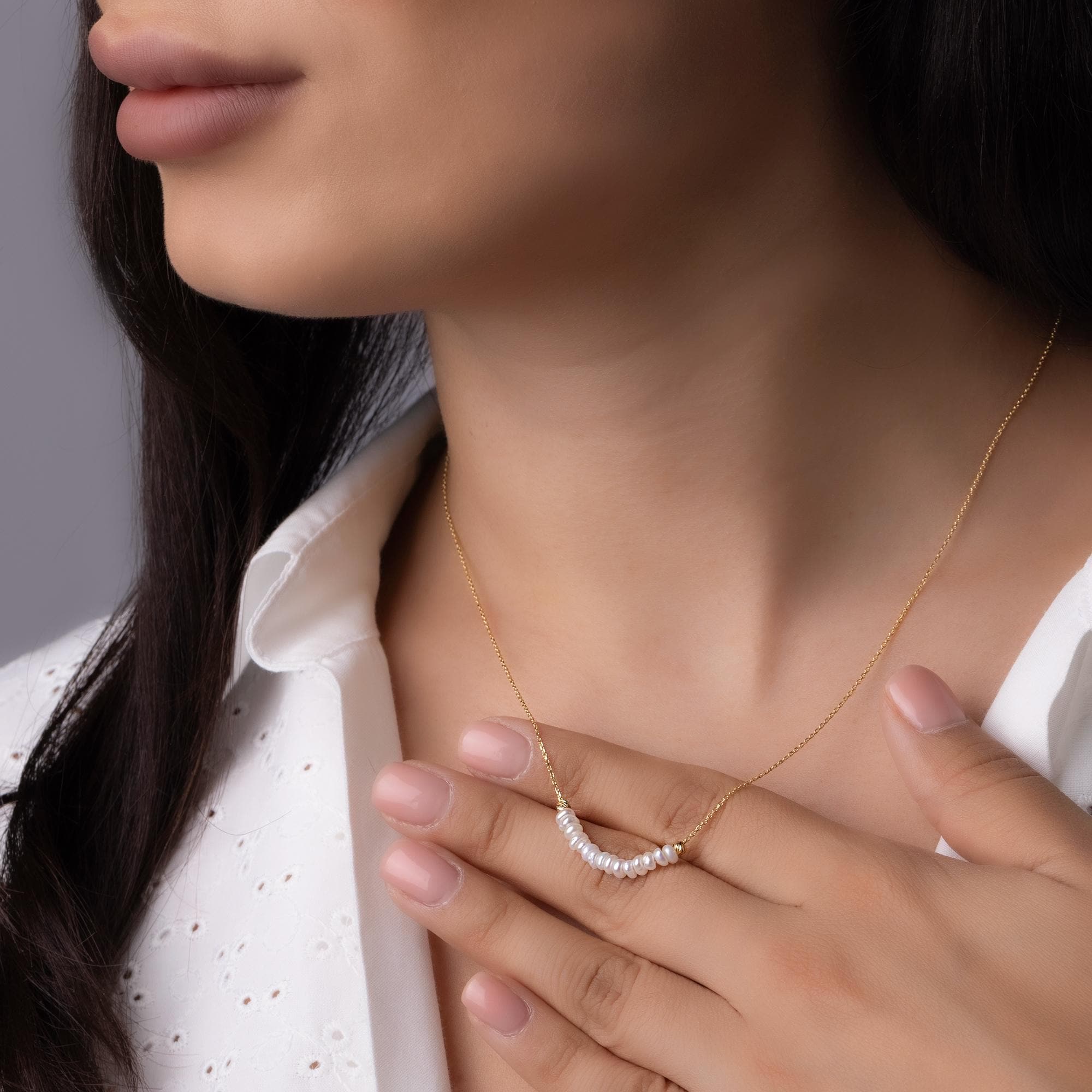 14K Solid Gold Pearl Bar Necklace -  Minimalist Freshwater Pearl Necklace