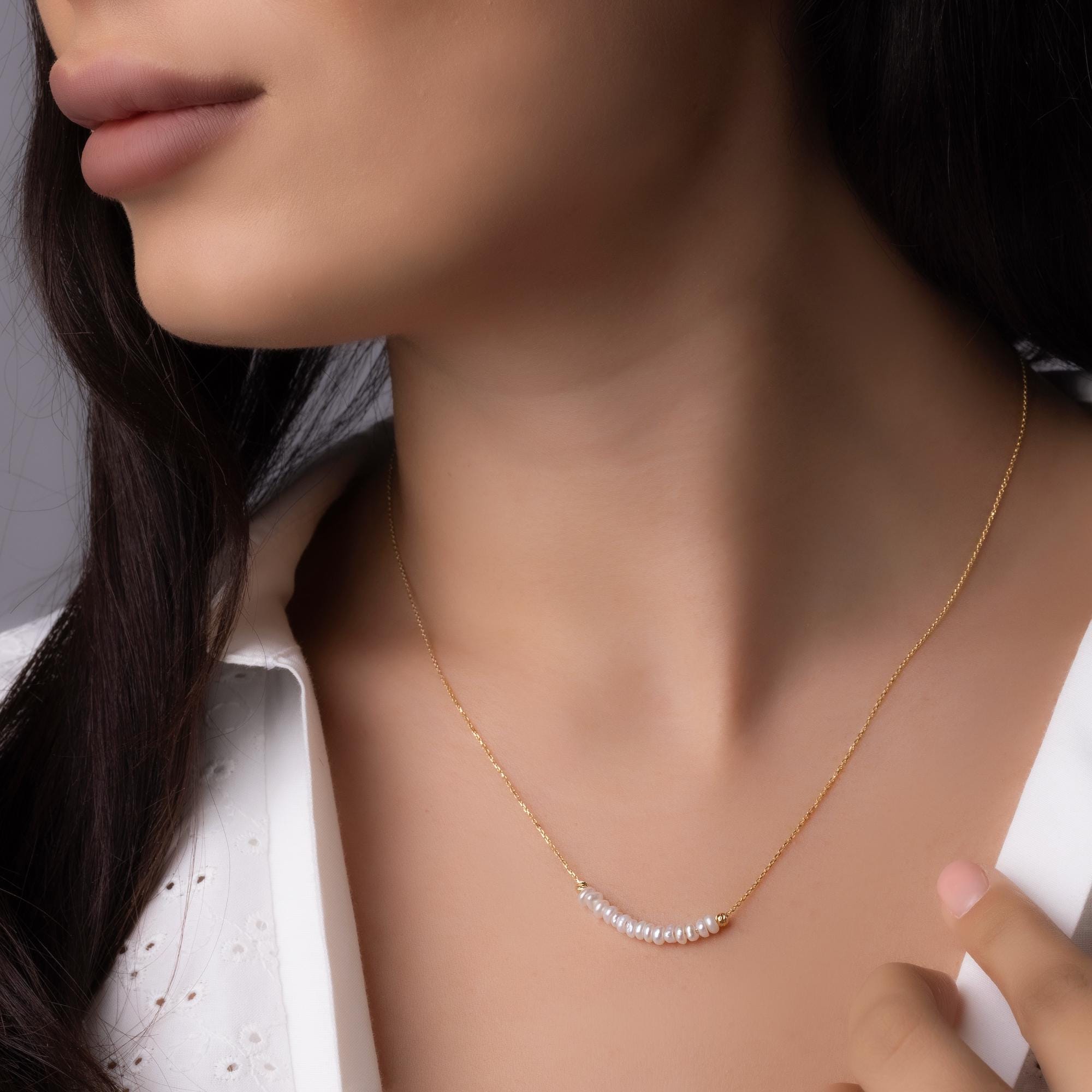 14K Solid Gold Pearl Bar Necklace -  Minimalist Freshwater Pearl Necklace