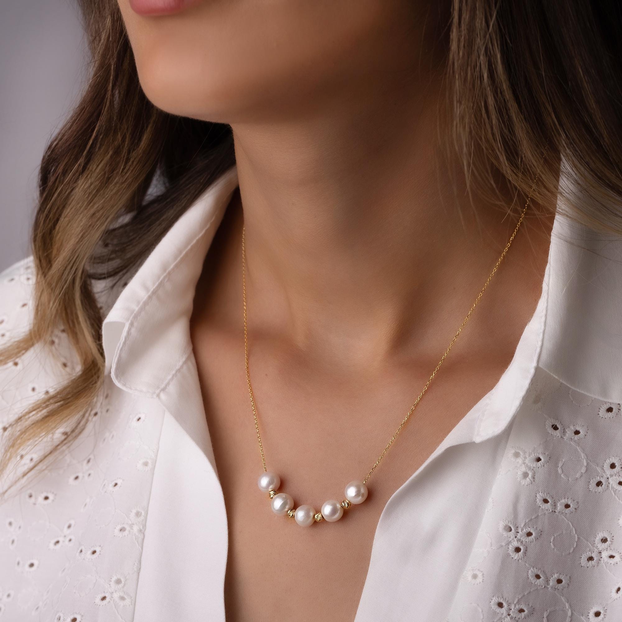 14K Solid Gold Pearl Necklace - Dainty Multi Pearl Jewelry