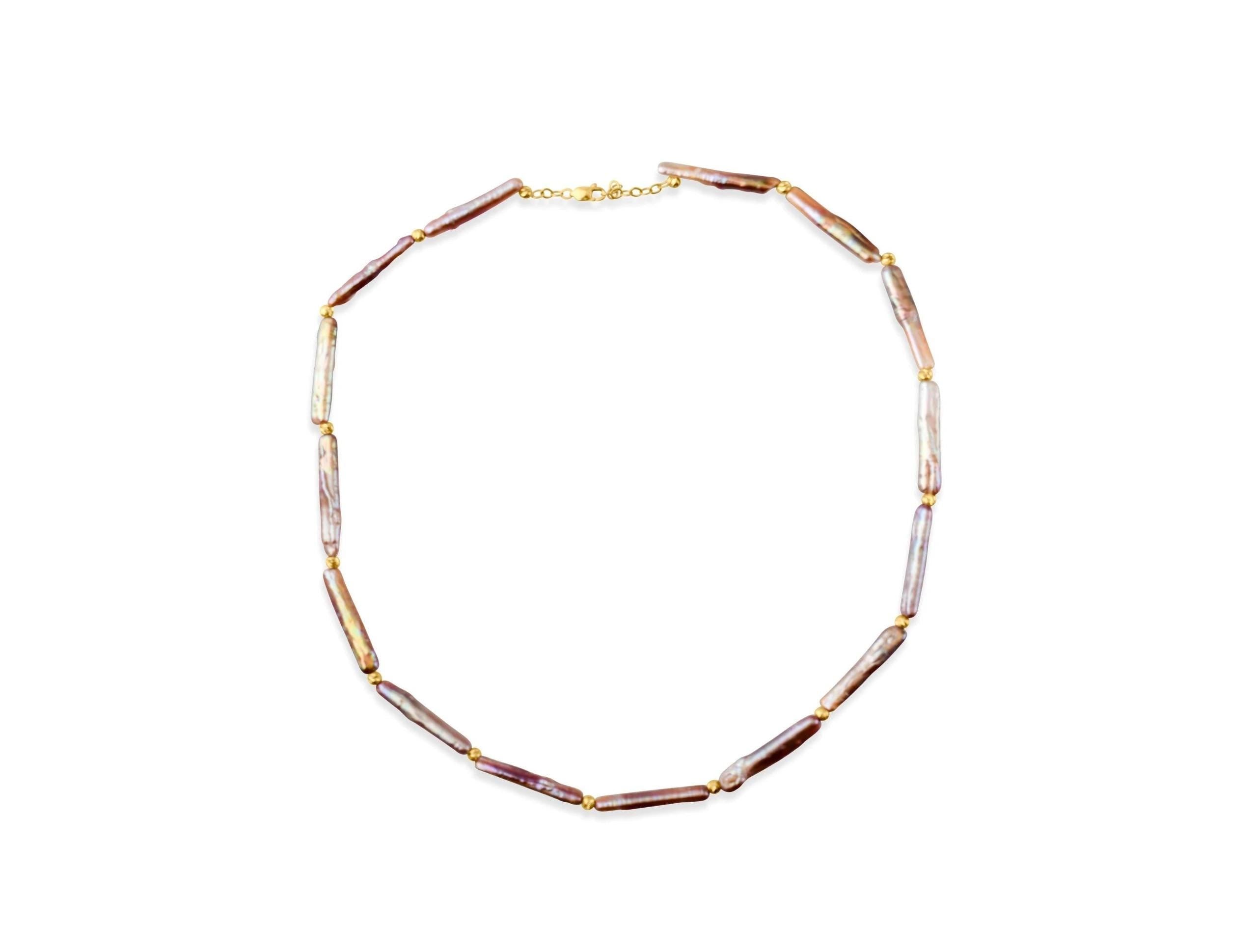 14K Solid Gold Baroque Pearl Necklace - Real Gold Irregular Pearl Chain