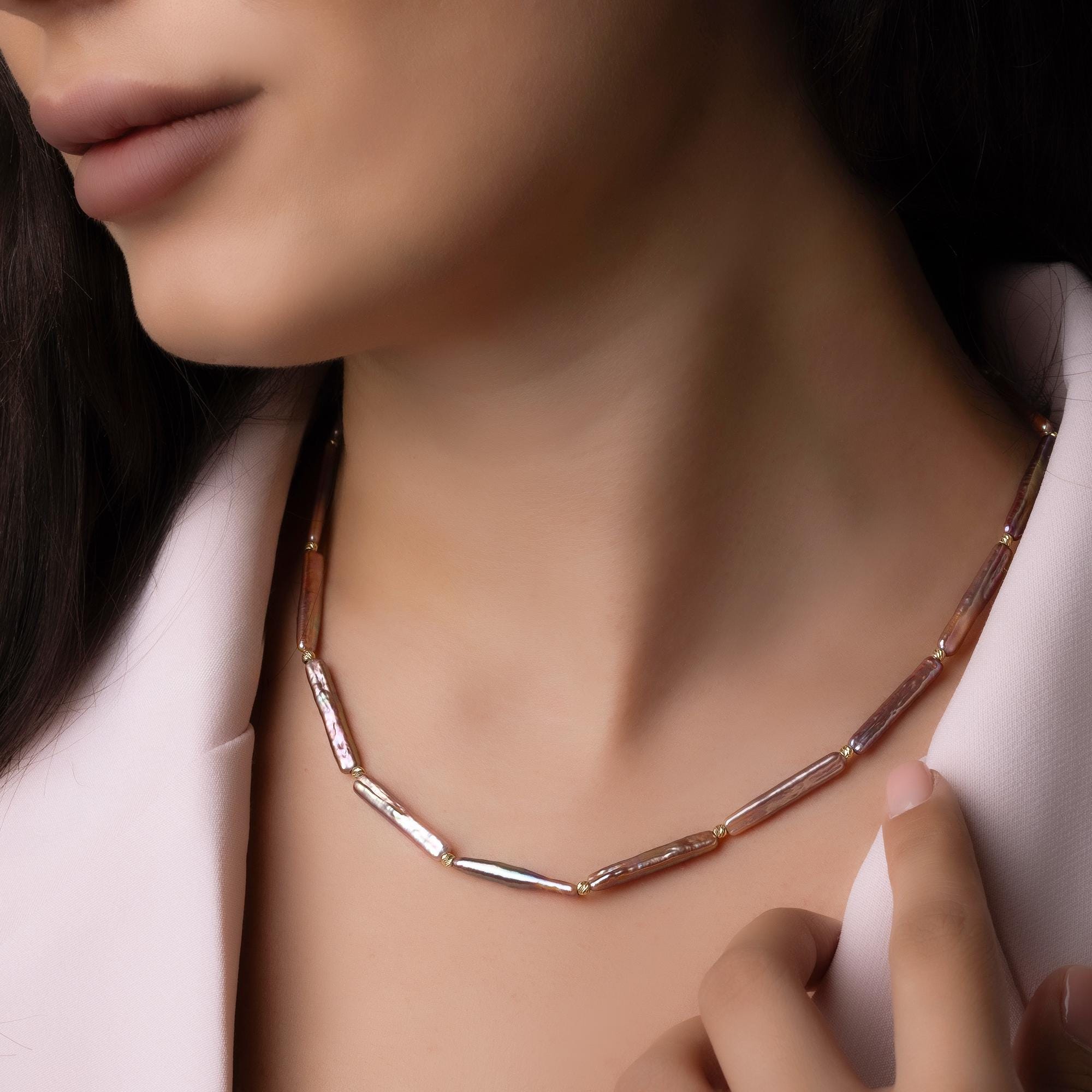 14K Solid Gold Baroque Pearl Necklace - Real Gold Irregular Pearl Chain