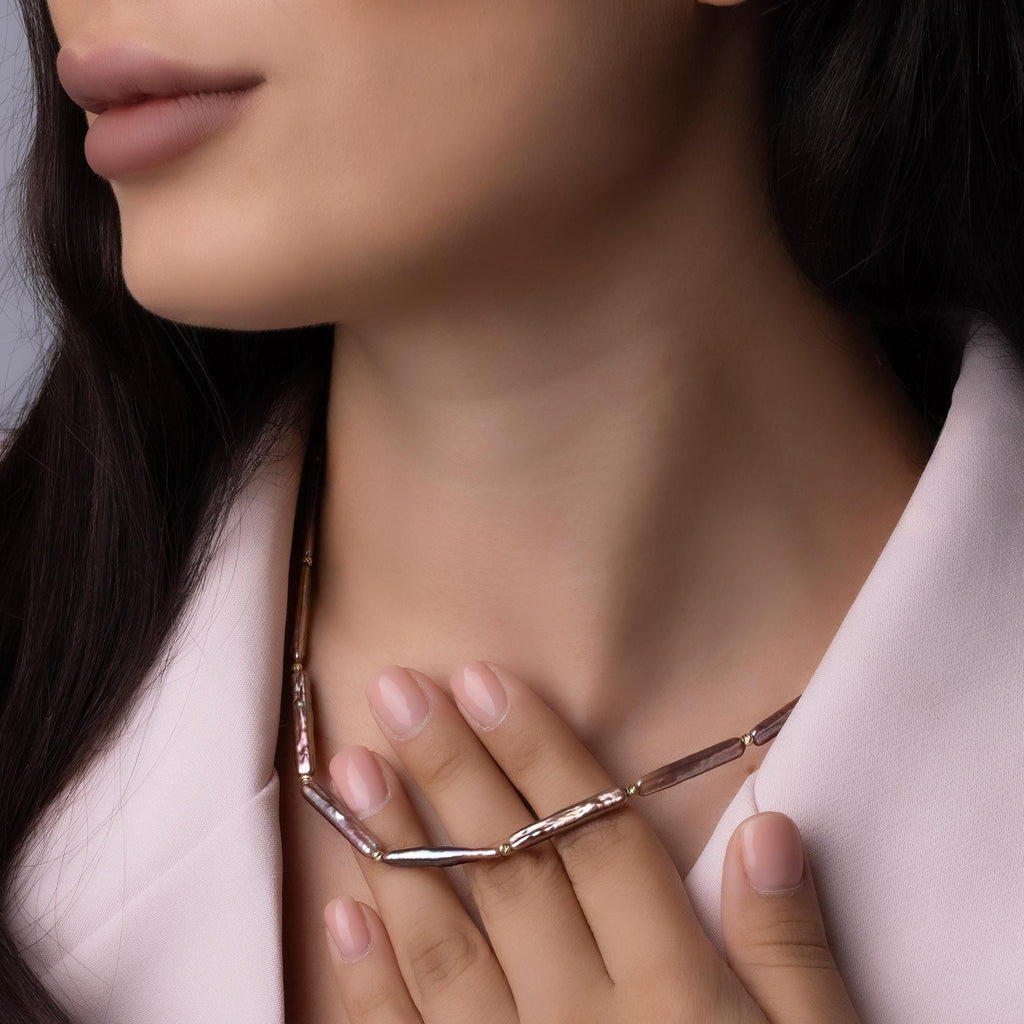 14K Solid Gold Baroque Pearl Necklace - Real Gold Irregular Pearl Chain