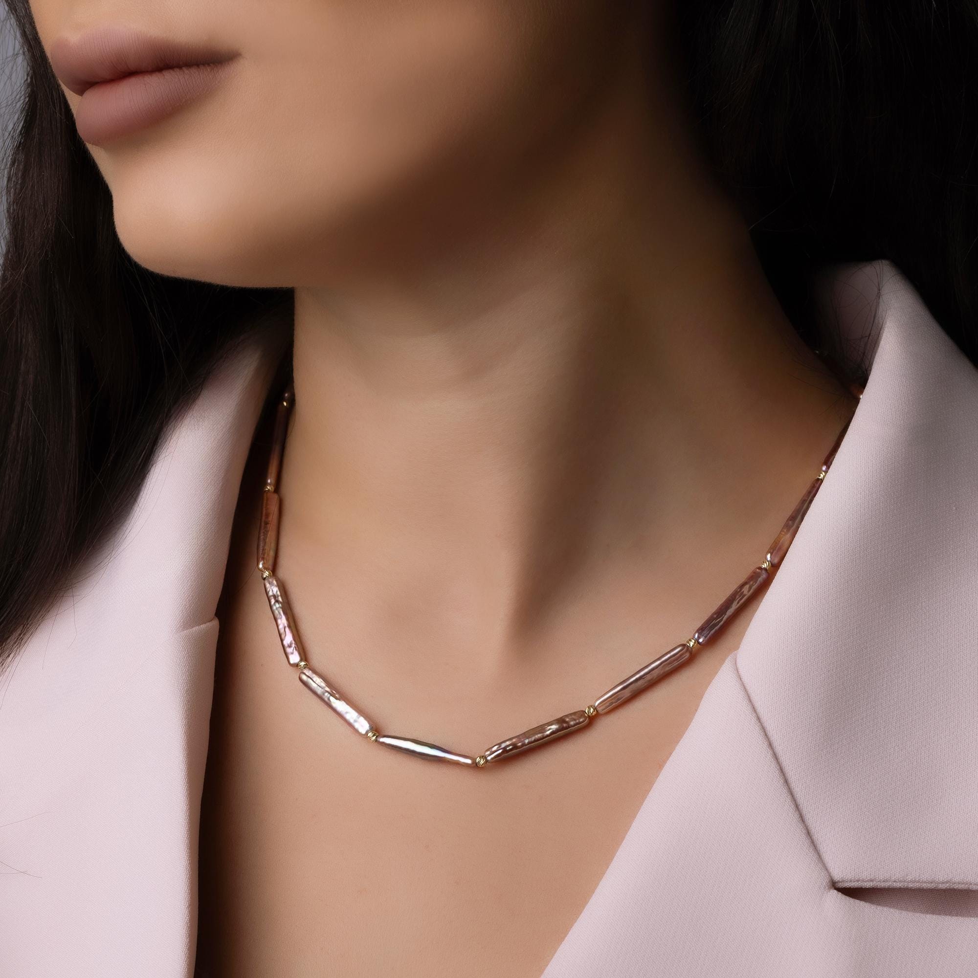 14K Solid Gold Baroque Pearl Necklace - Real Gold Irregular Pearl Chain