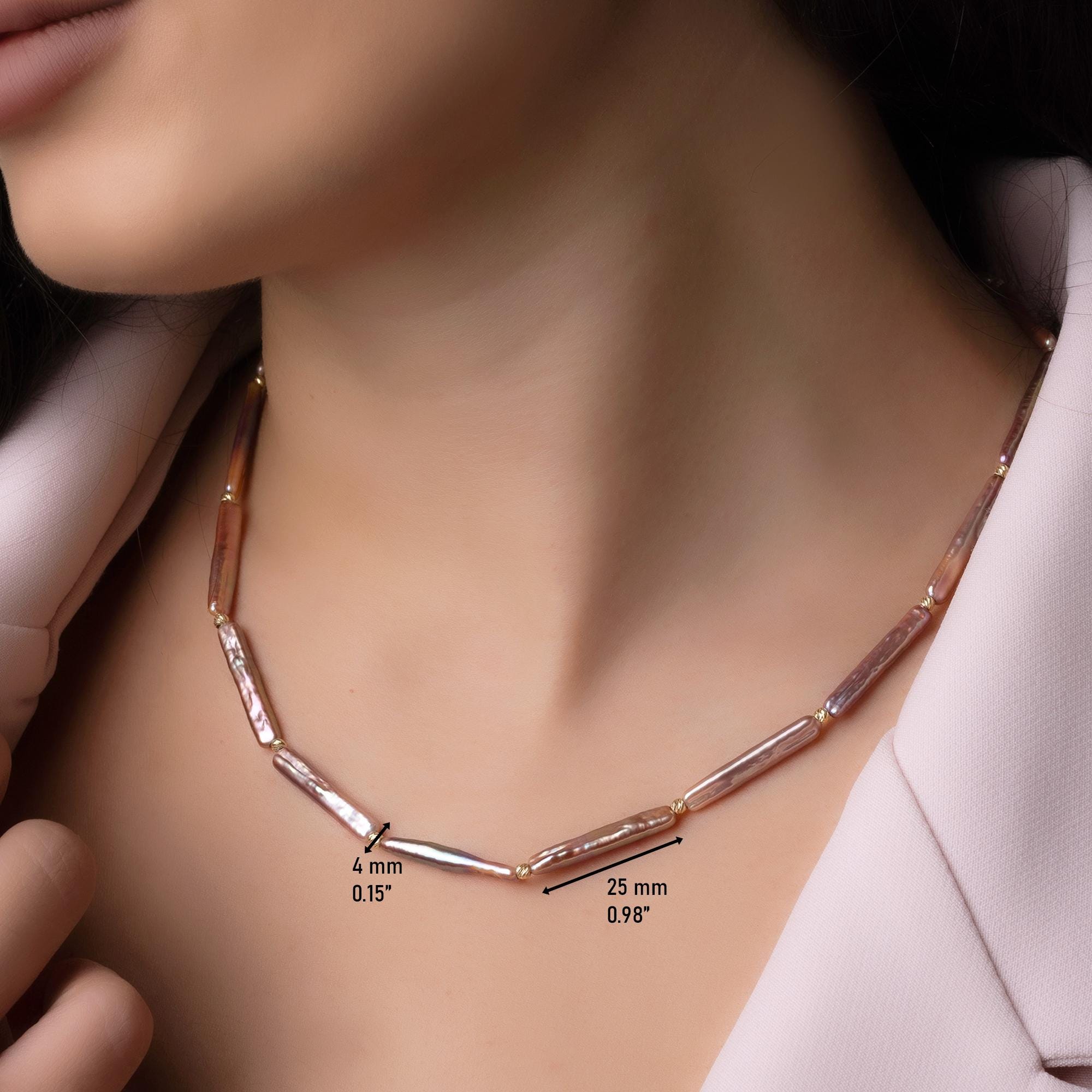 14K Solid Gold Baroque Pearl Necklace - Real Gold Irregular Pearl Chain