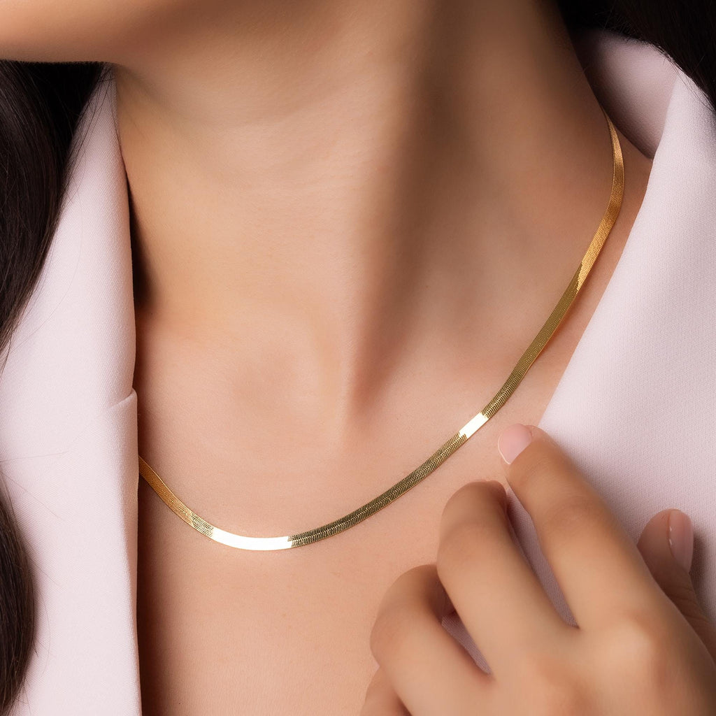 14K Gold Herringbone Necklace - Minimalist Gold Choker Necklace