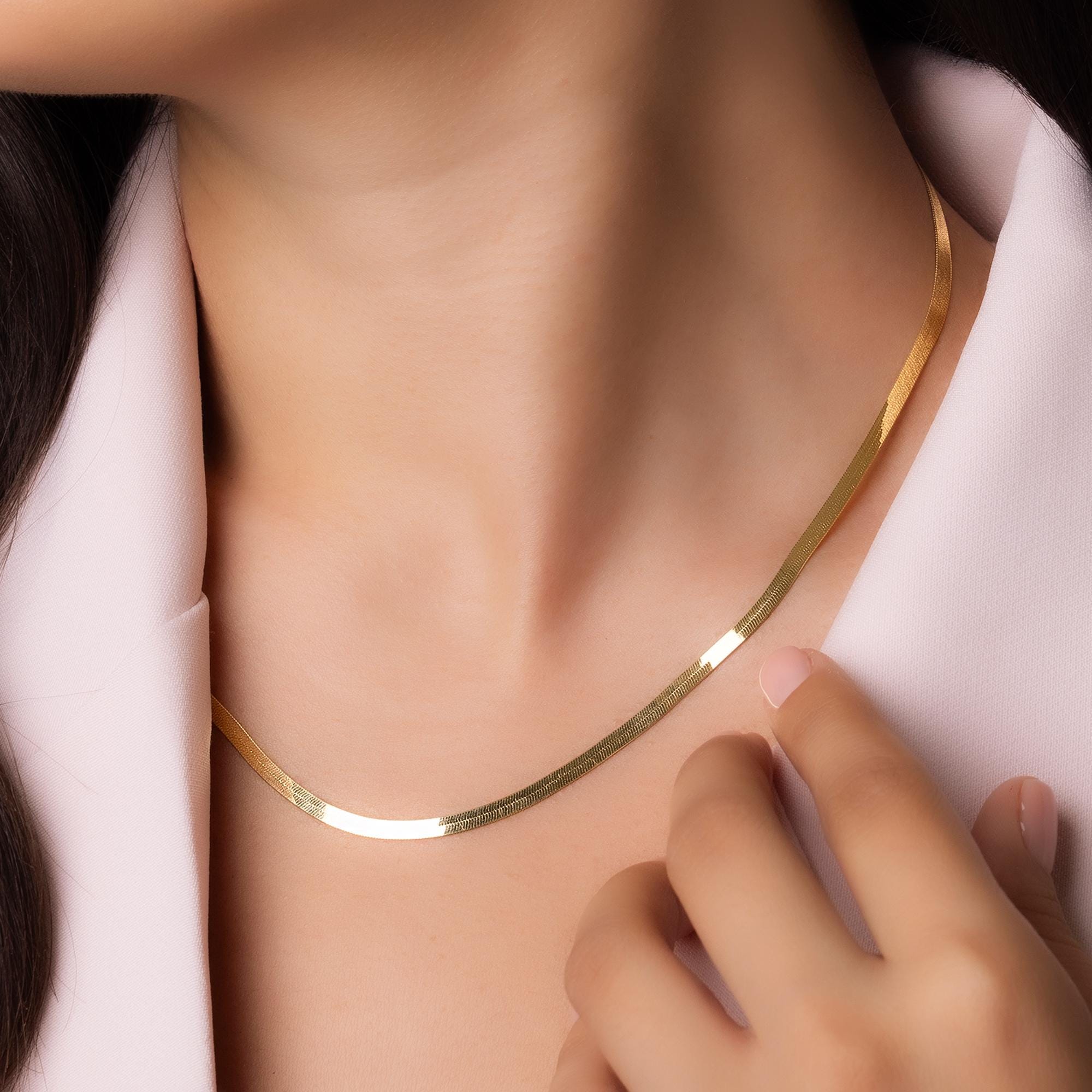 14K Gold Herringbone Necklace - Minimalist Gold Choker Necklace