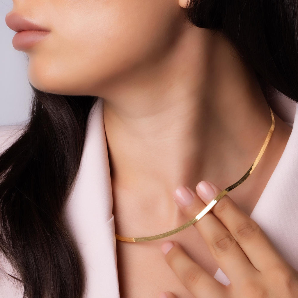 14K Gold Herringbone Necklace - Minimalist Gold Choker Necklace